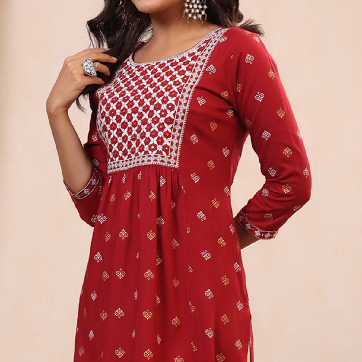 Red Floral Printed With Embroidered Rayon Kurti