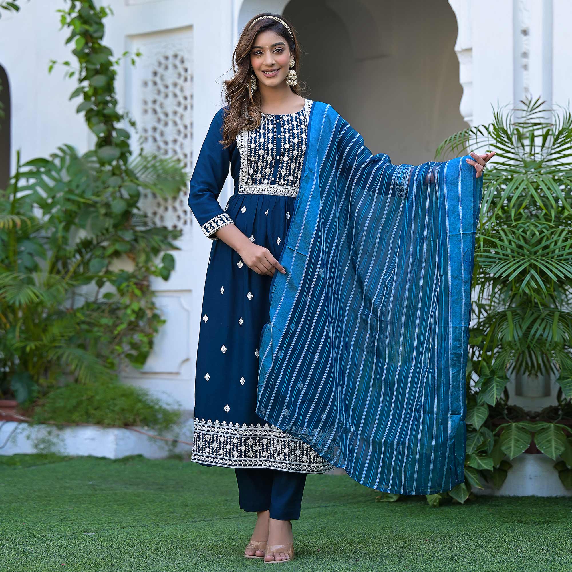 Blue Embroidered Rayon Naira Cut Suit