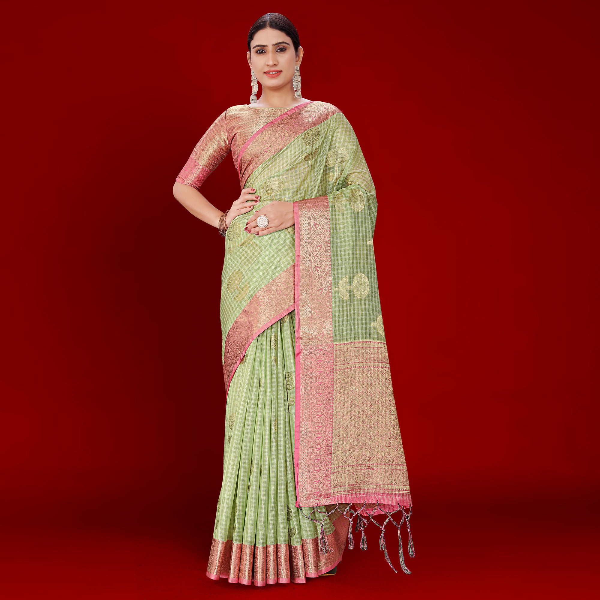 Green Floral Woven Organza Saree With Tassels