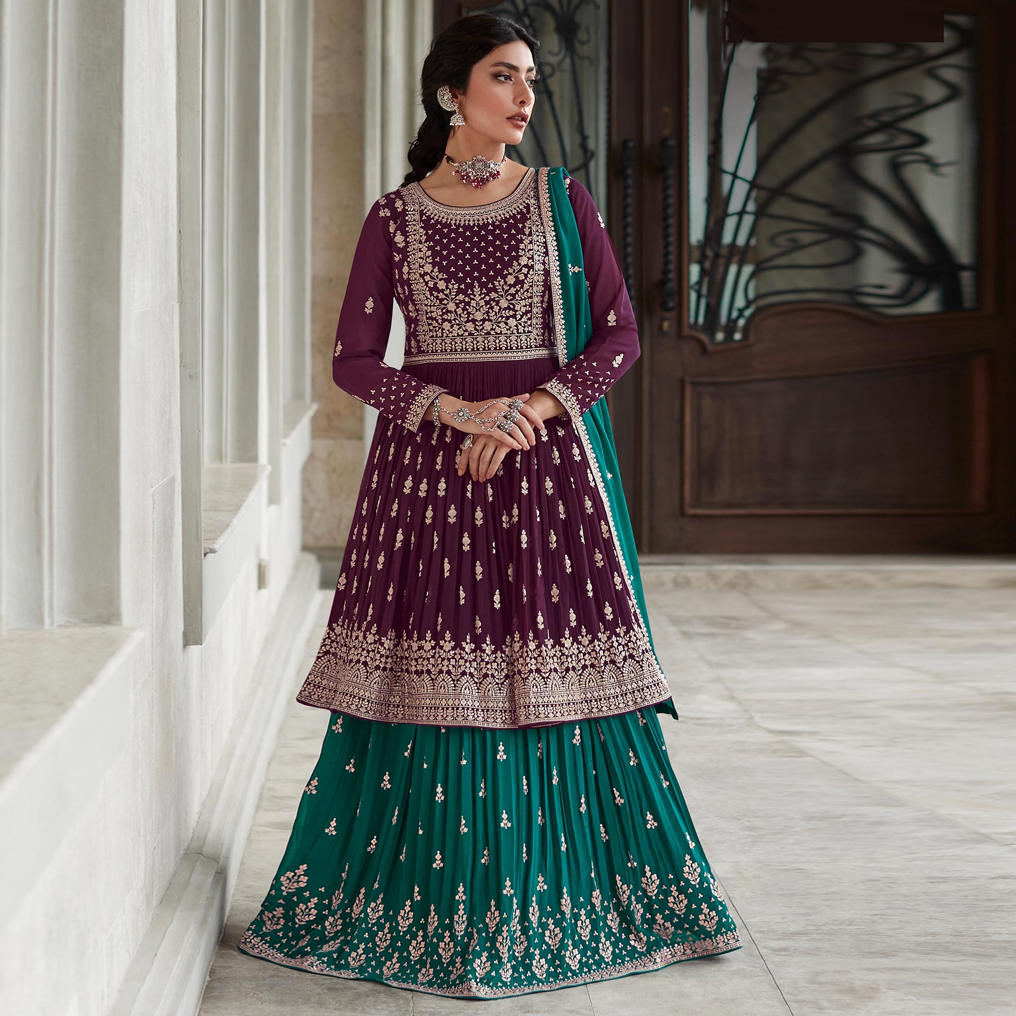 Purple Floral Sequins Embroidered Georgette Sharara Suit