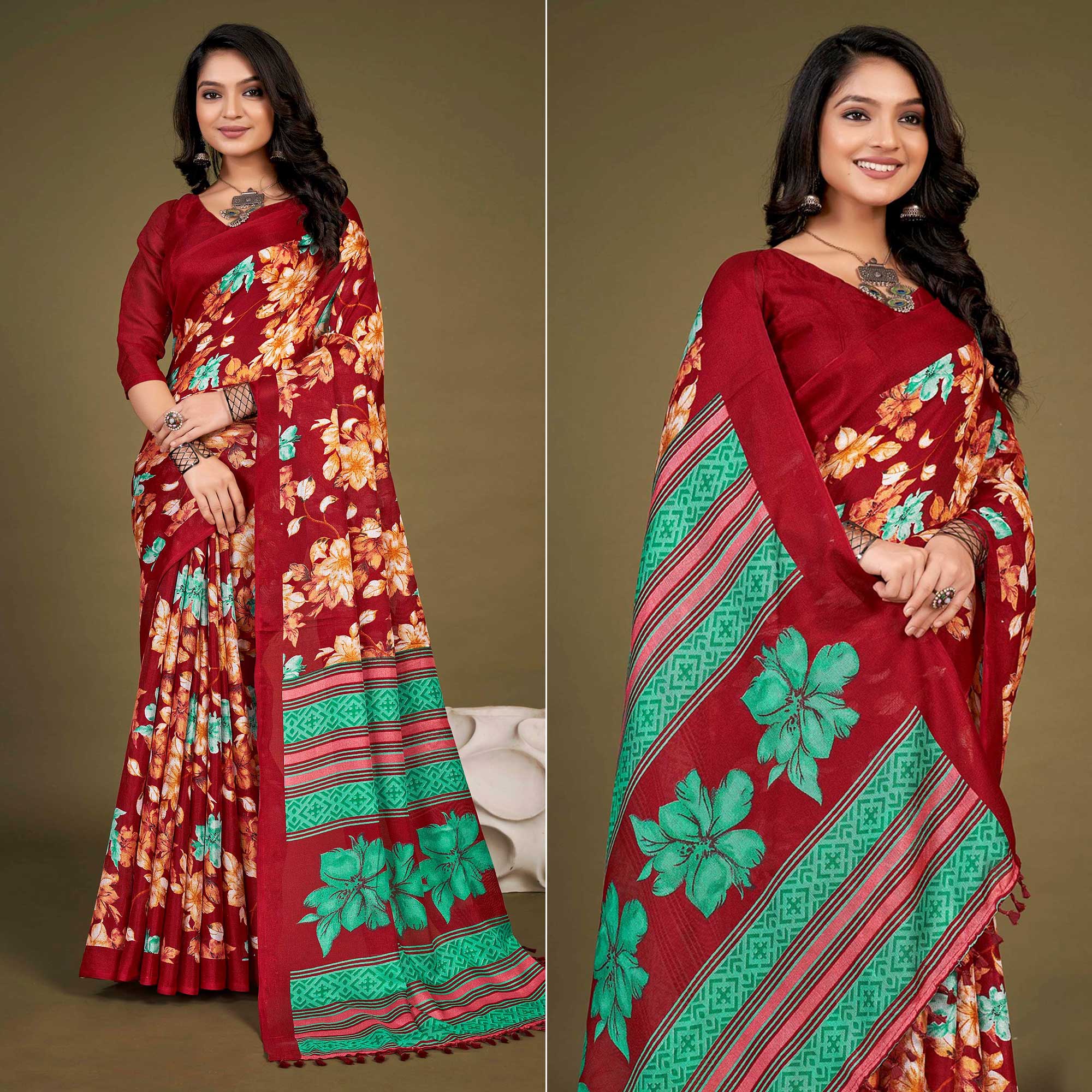 Red Floral Printed Jute Saree With Tassels