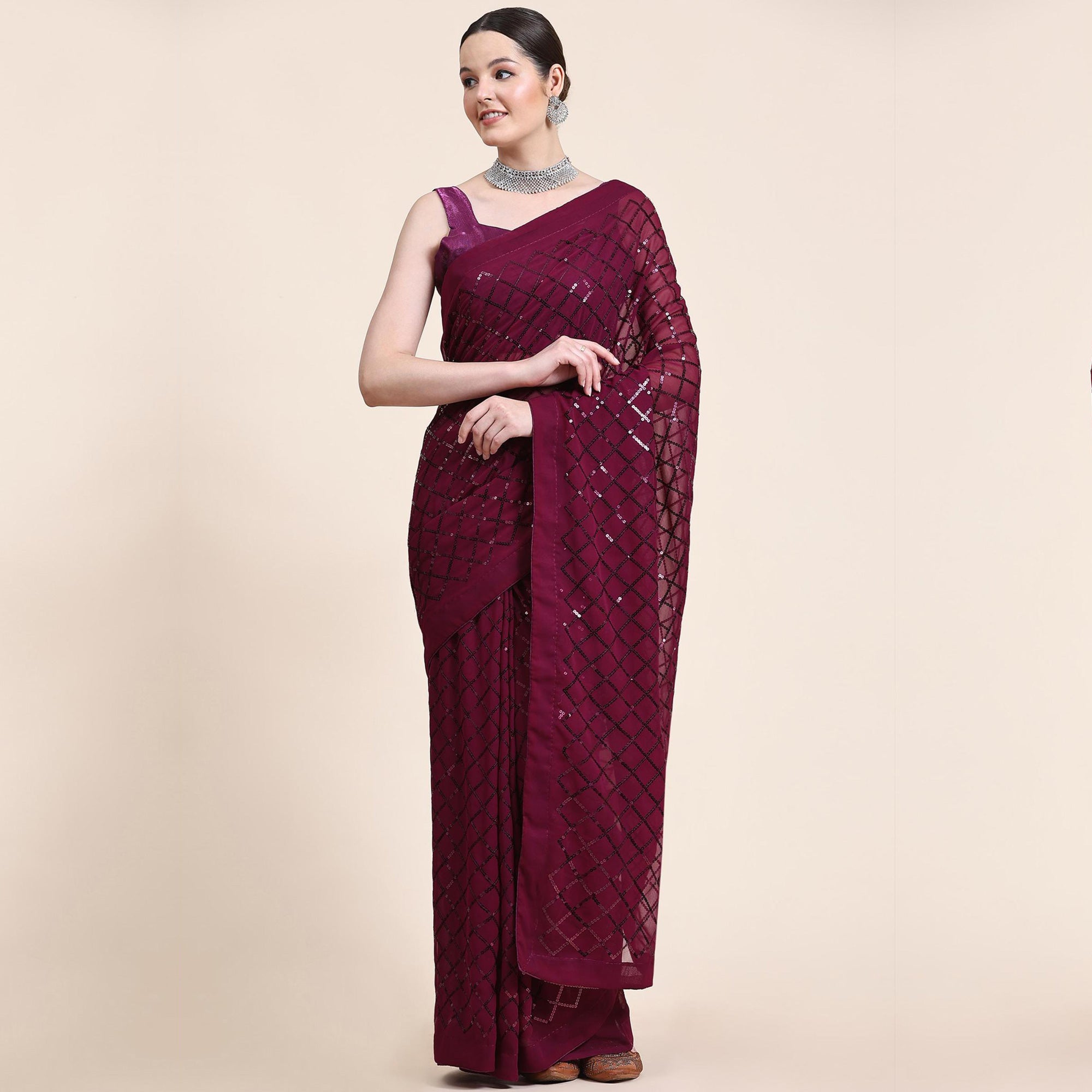 Wine Sequins Embroidered Georgette Saree