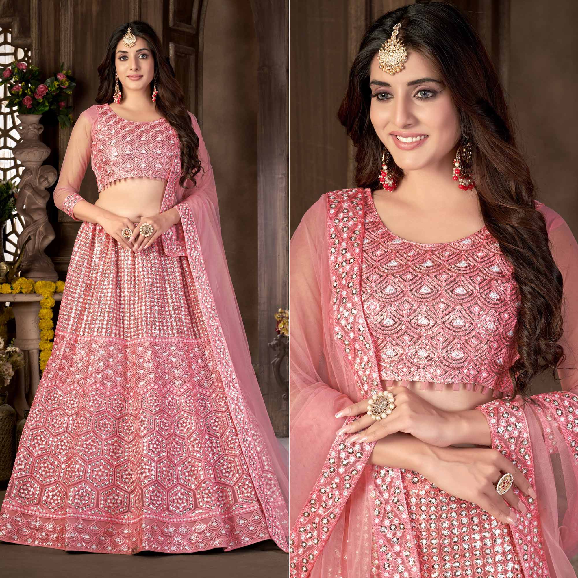 Pink Sequins Embroidered Netted Lehenga Choli