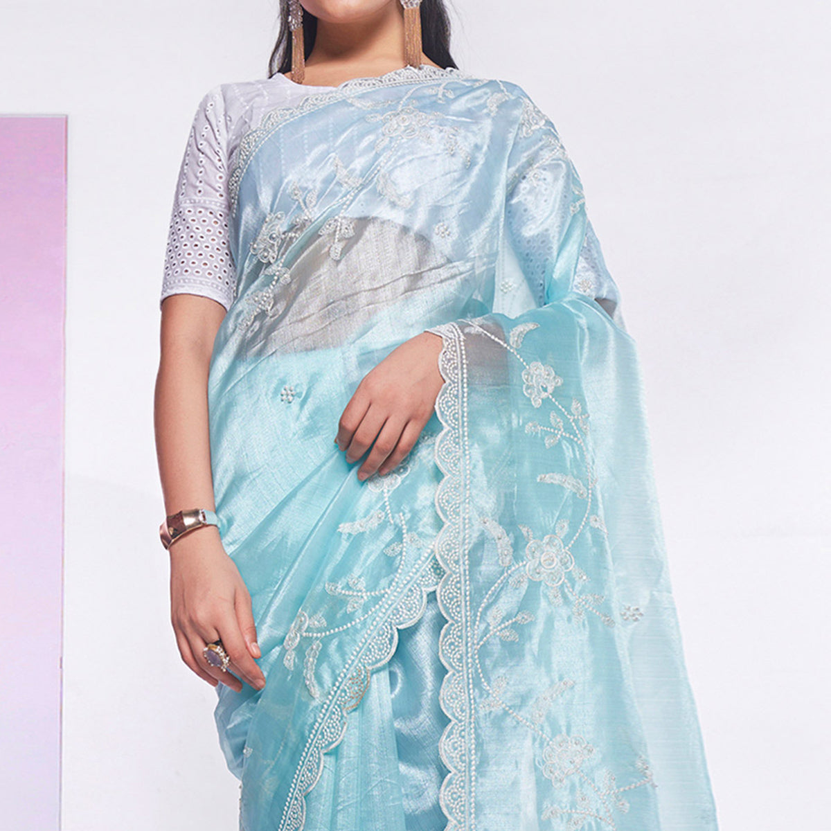 Blue Floral Embroidered Organza Saree