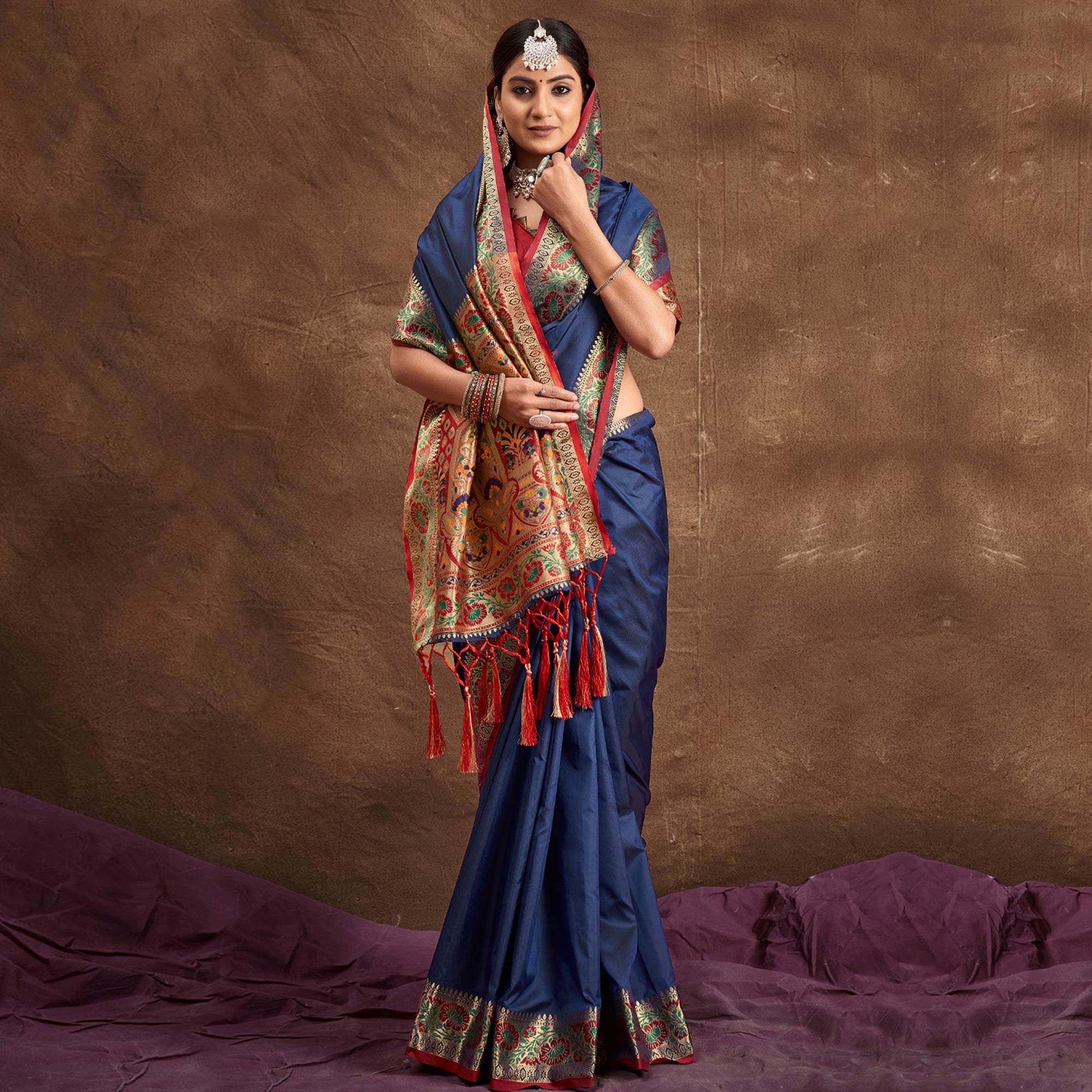 Navy Blue Woven Banarasi Silk Saree With Tassels