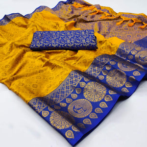 Golden Woven Cotton Silk Saree With Tassels