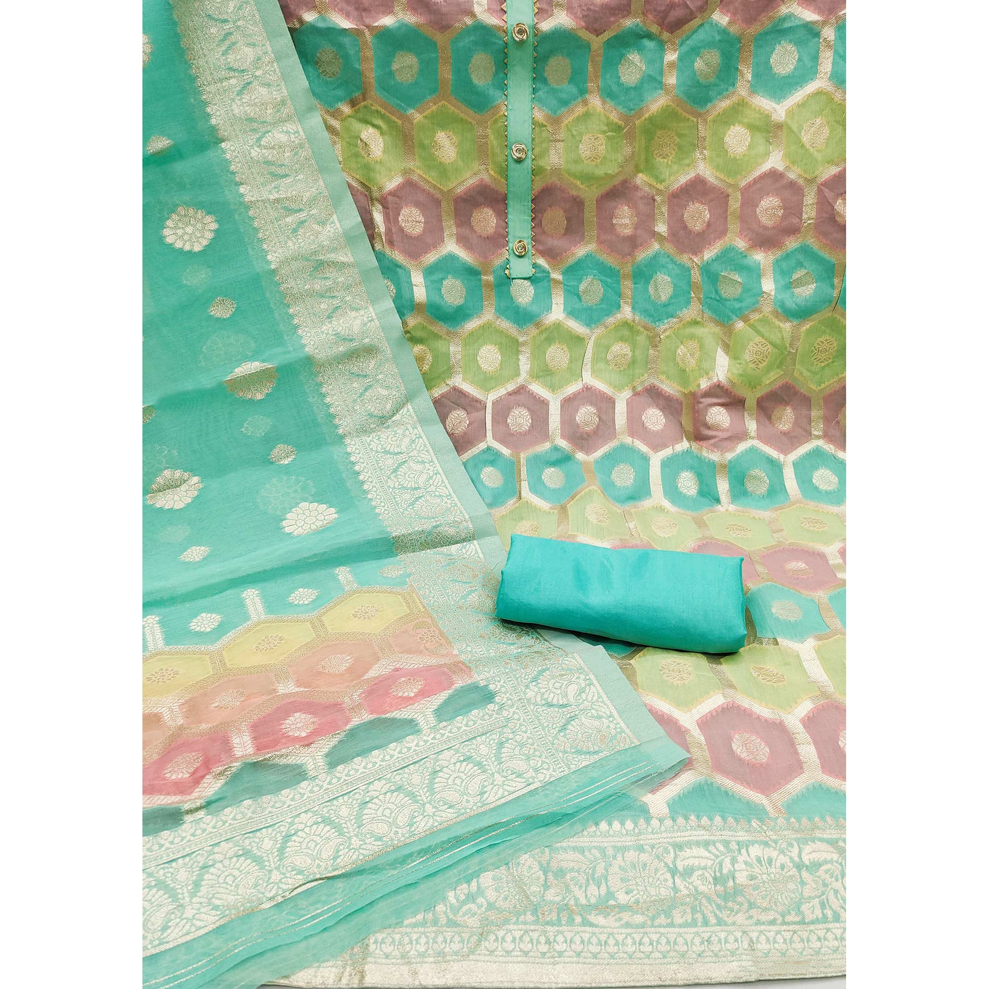 Turquoise Woven Banarasi Silk Dress Material