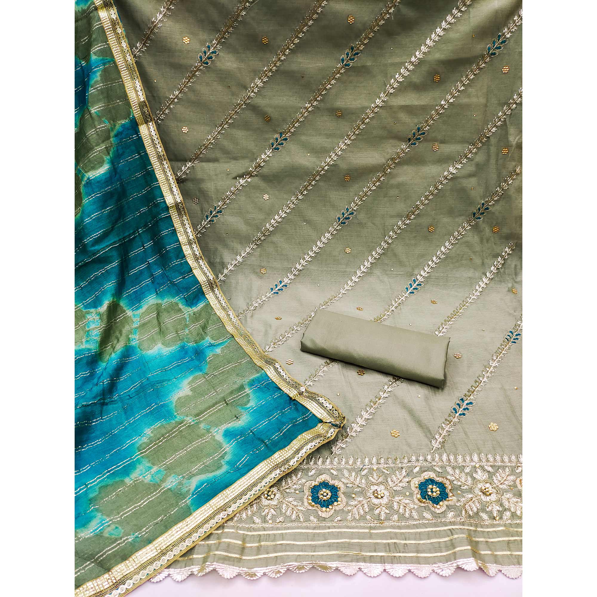 Green Floral Embroidered Modal Dress Material