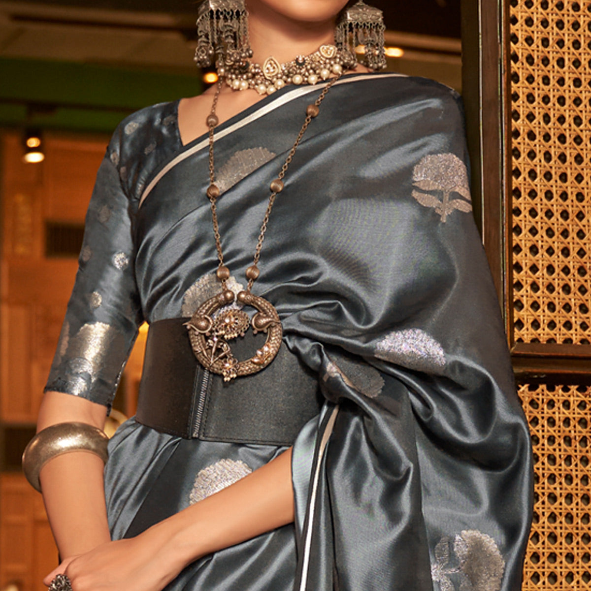 Grey Floral Woven Satin Saree With Tassels