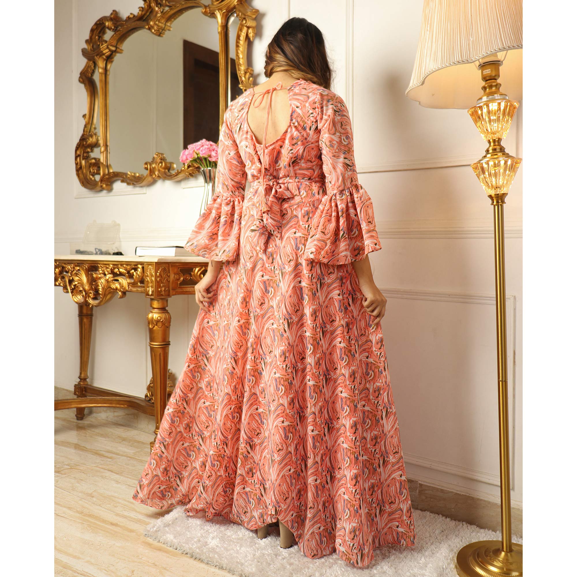 Peach Printed Georgette Gown
