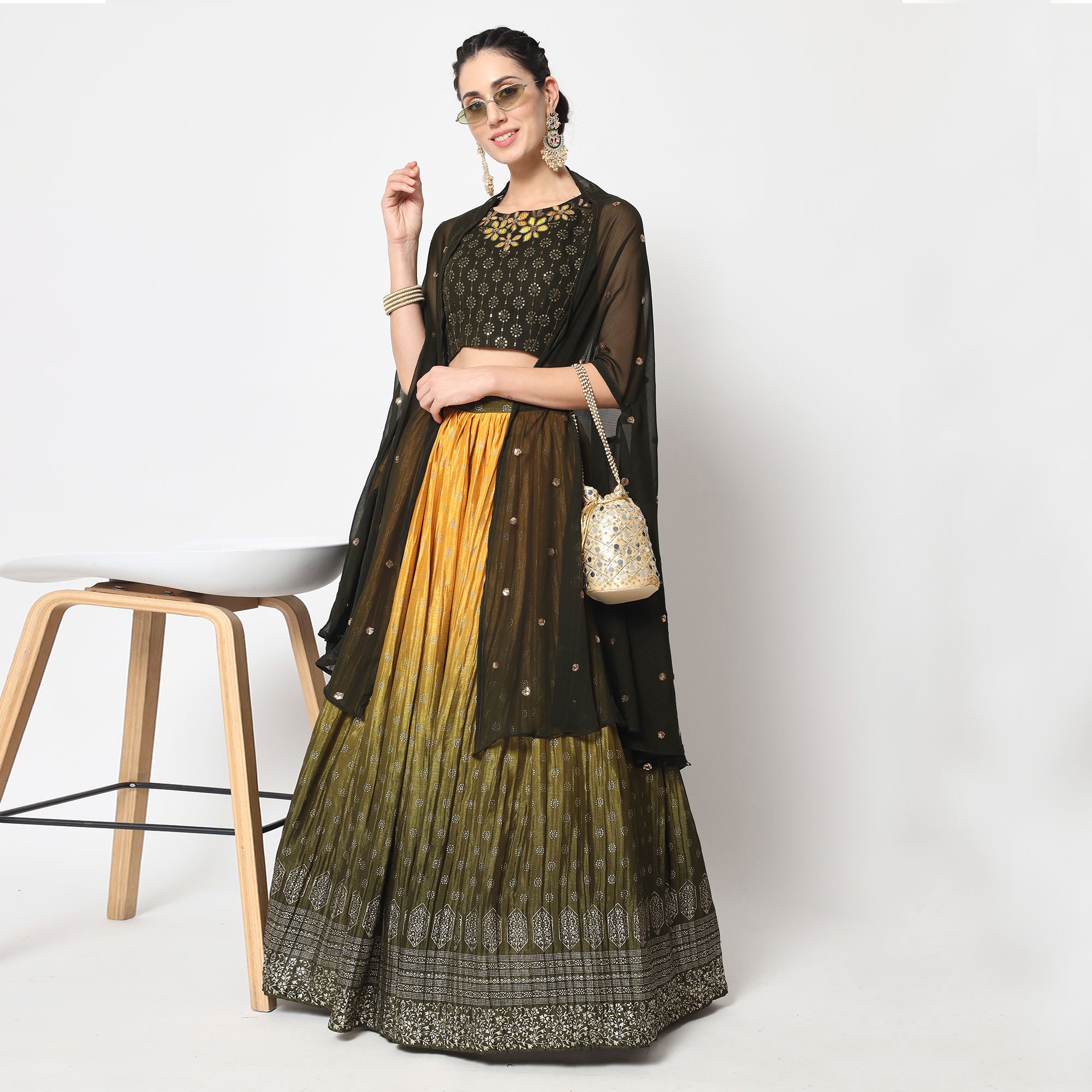 Mustard & Olive Foil Printed Chiffon Lehenga Choli