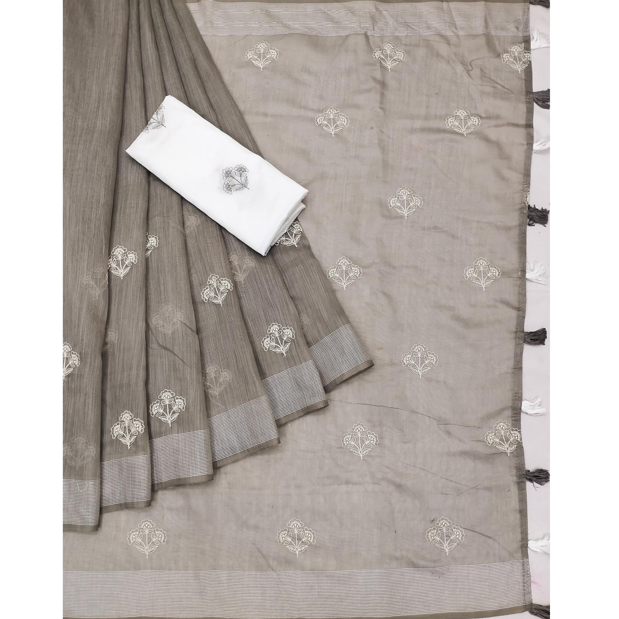 Grey Floral Embroidered Raw Silk Saree