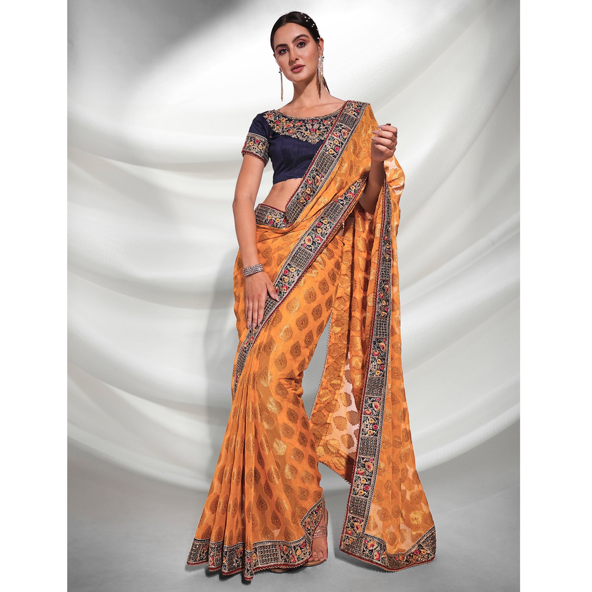 Mustard Woven With Embroidered Border Viscose Saree