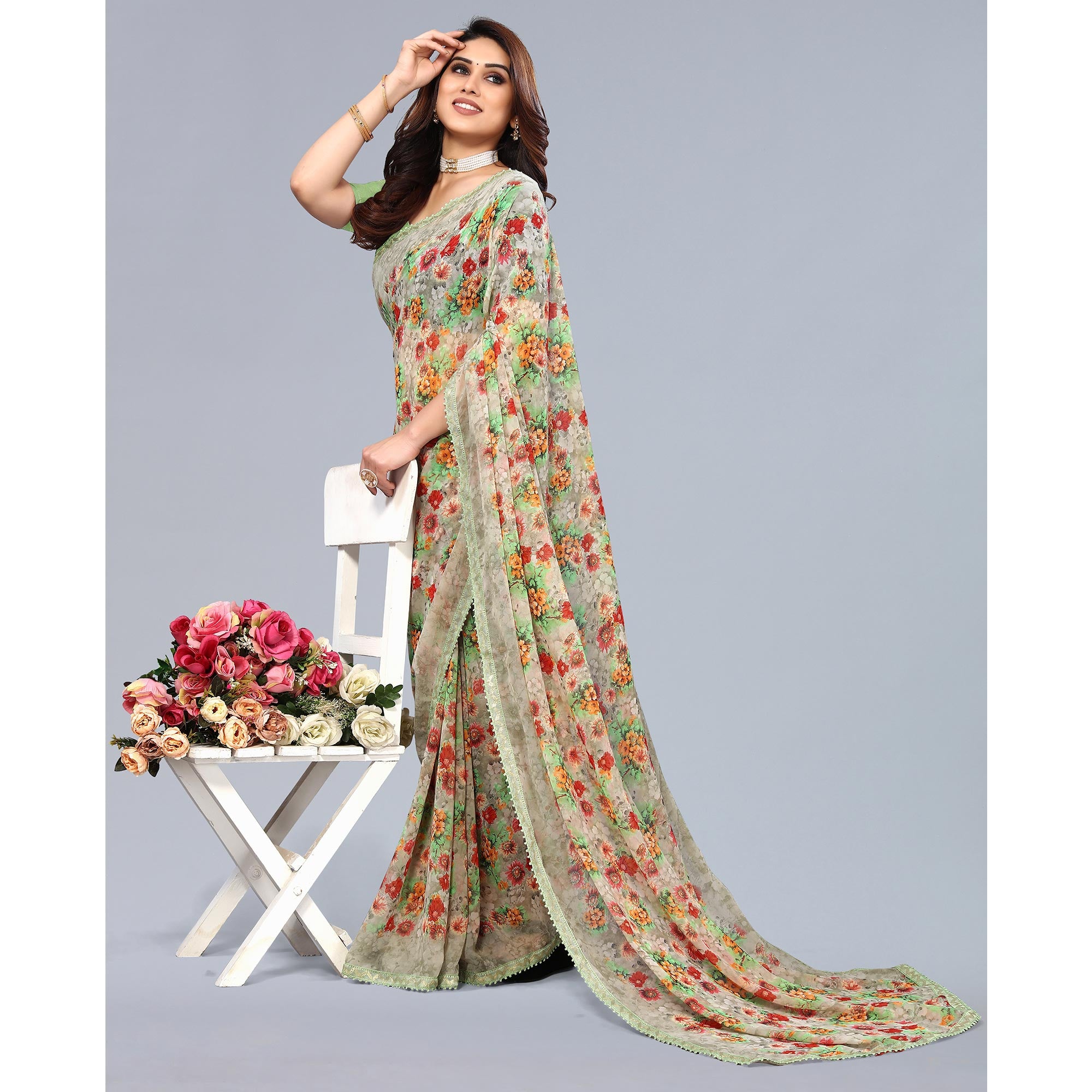 Pista Green Printed Georgette Saree With Crochet Border