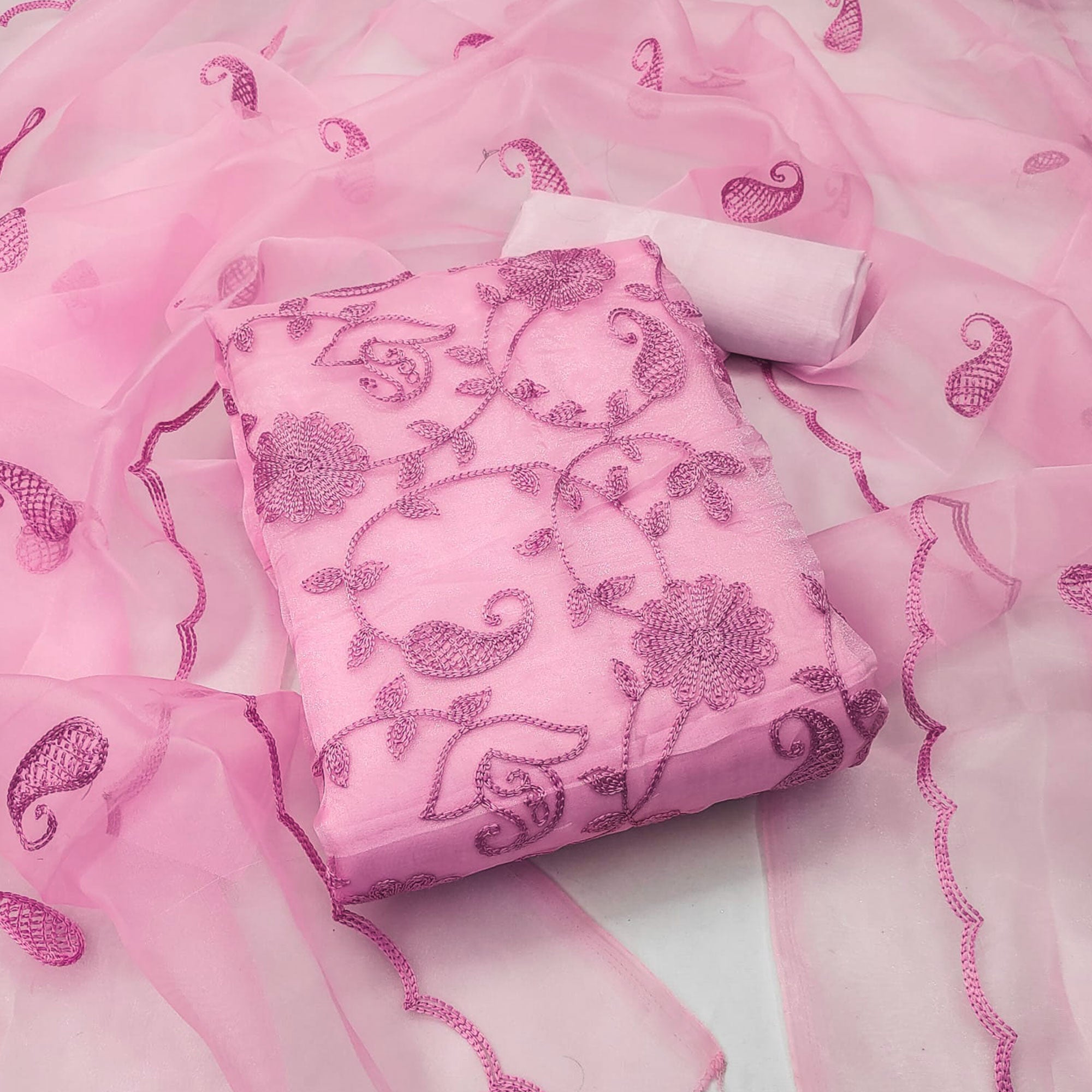 Pink Floral Embroidered Organza Dress Material