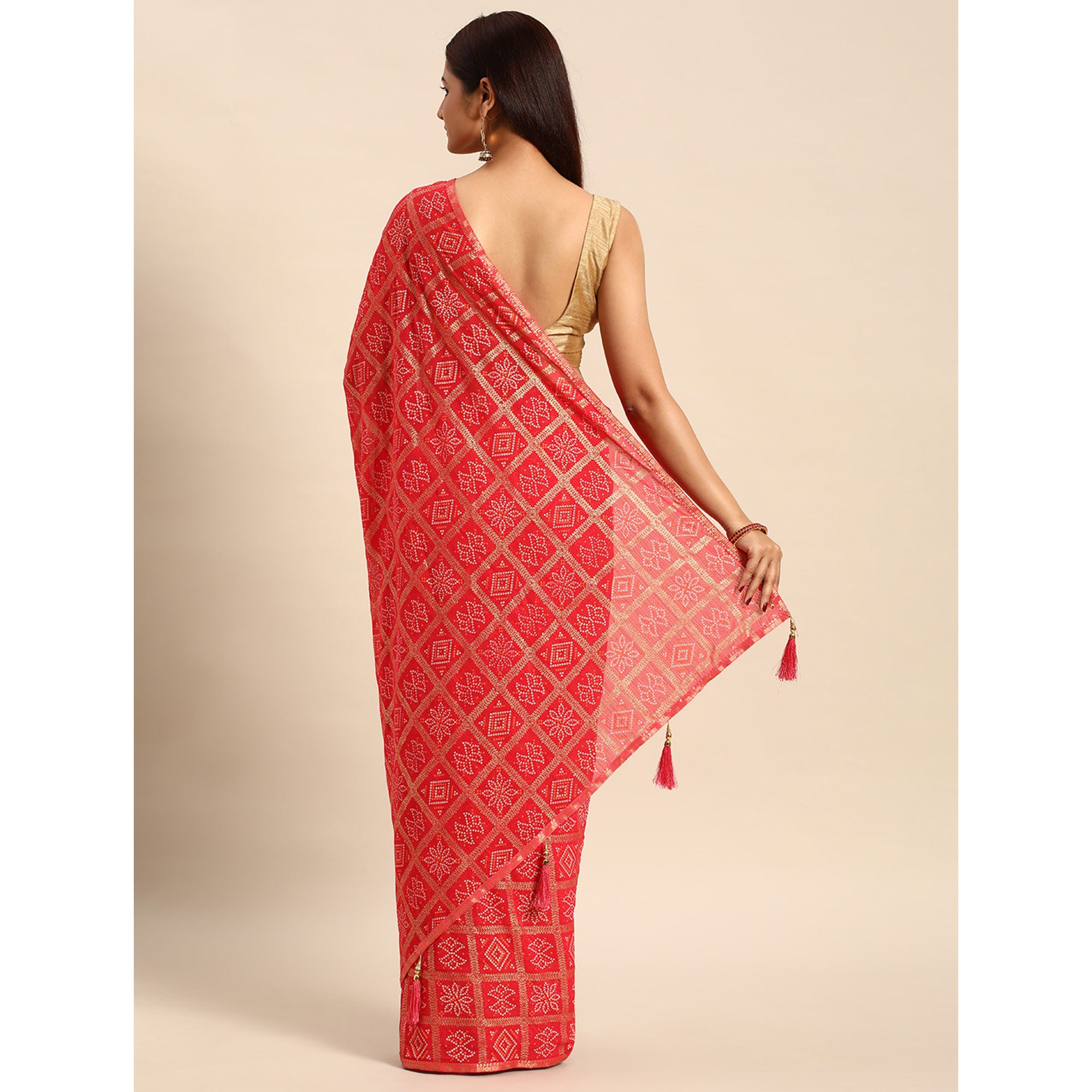 Pink Bandhani Foil Printed Zomato Saree With Tassels