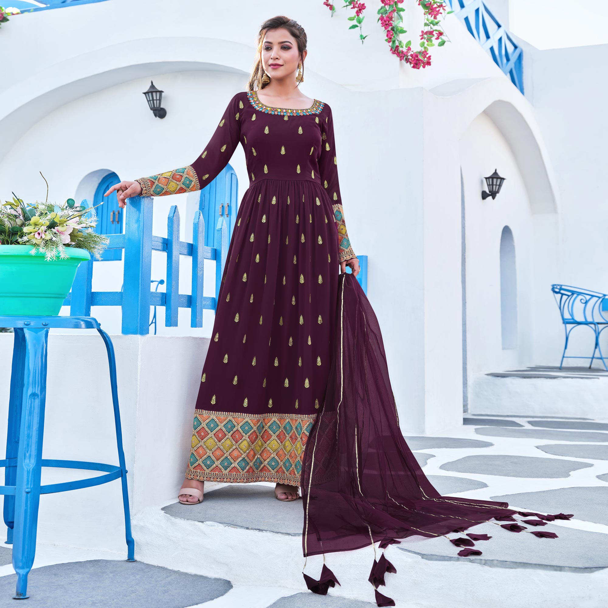 Wine Sequins Embroidered Georgette Naira Cut Suit