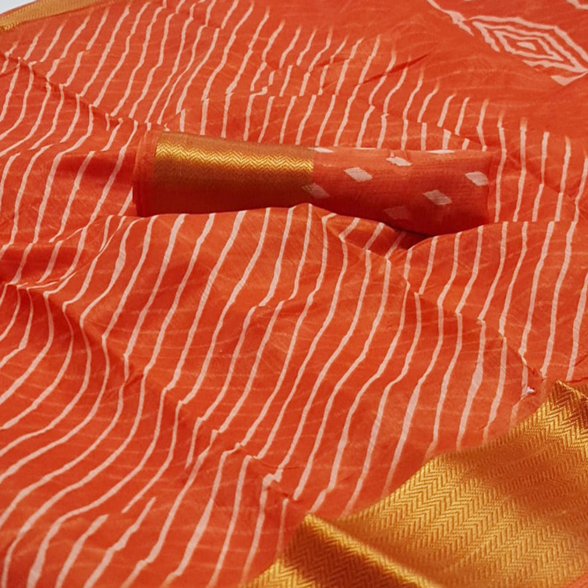 Orange Striped Printed Linen Saree