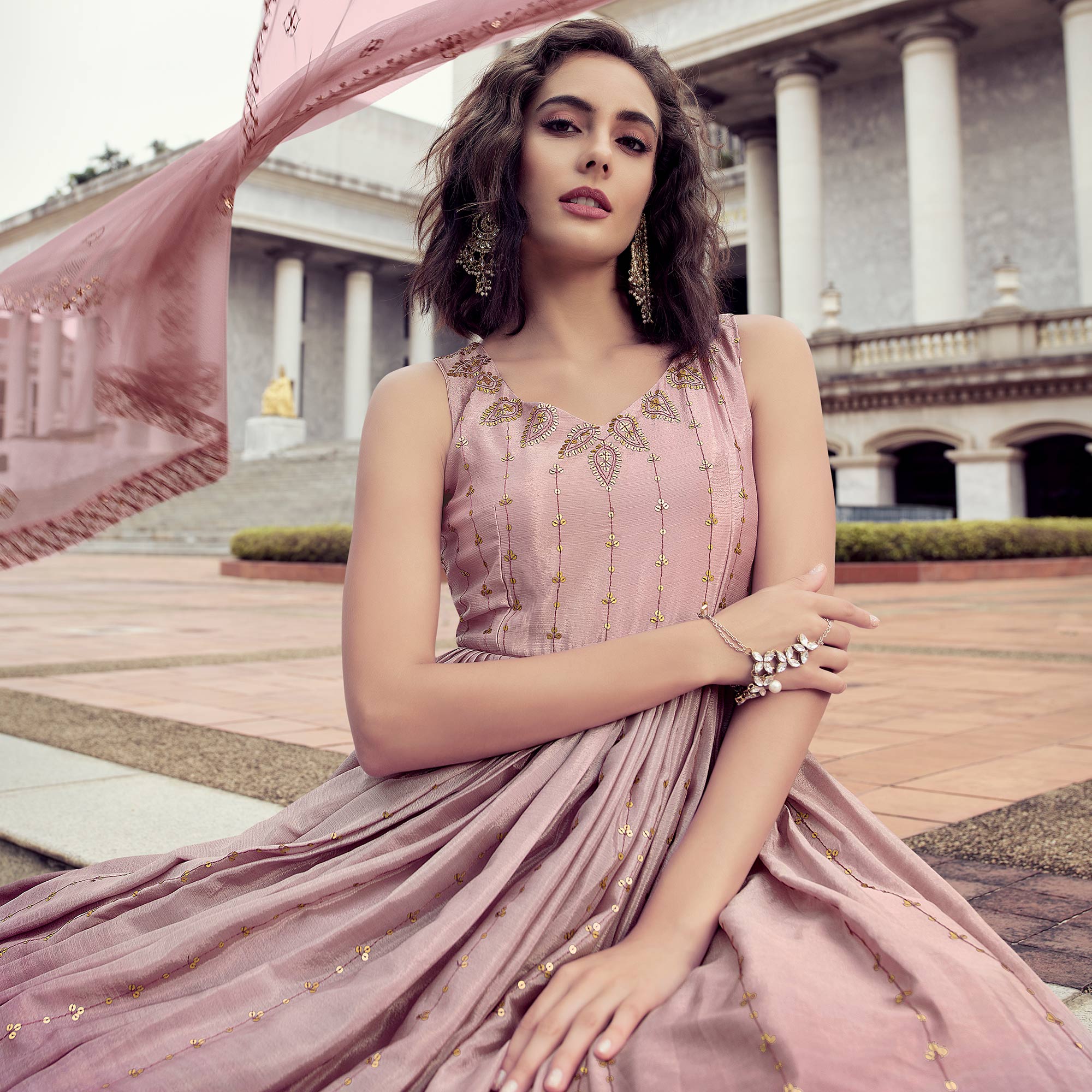 Dusty Pink Sequins Embroidered Chiffon Gown