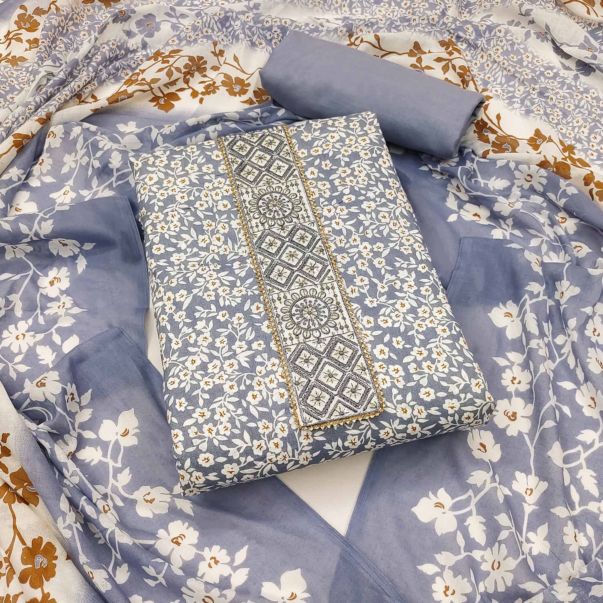 Grey Floral Printed Pure Cotton Dress Material