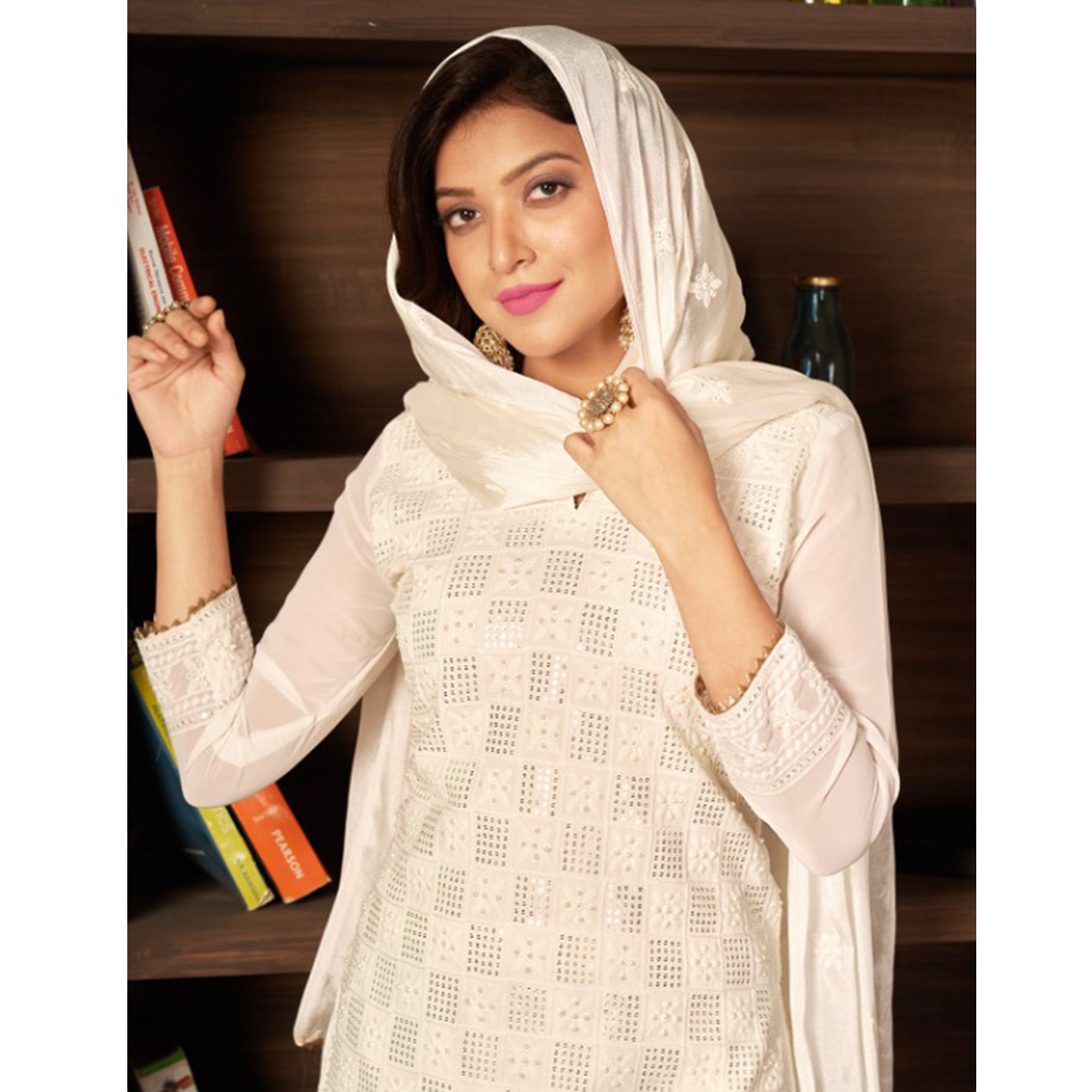 White Sequins Embroidered Georgette Suit