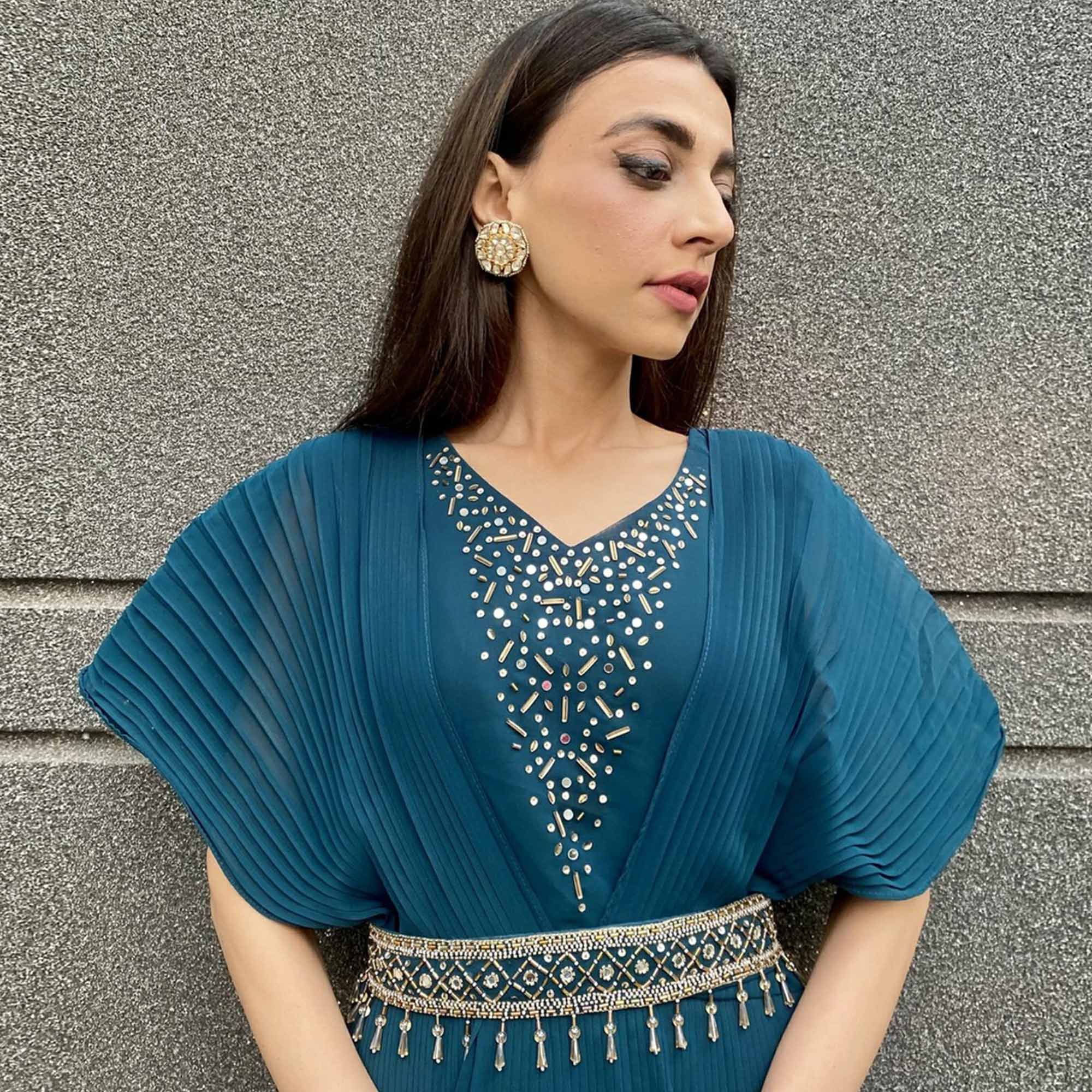 Blue Embellished Georgette Gown With Belt