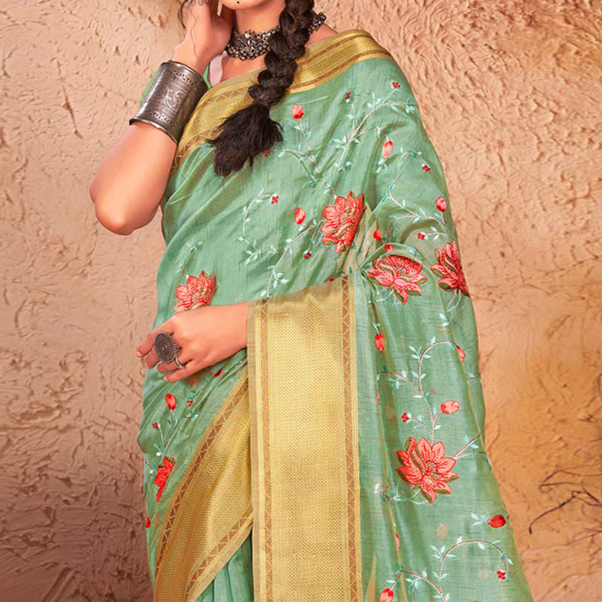 Green Embroidered With Woven Border Organza Saree