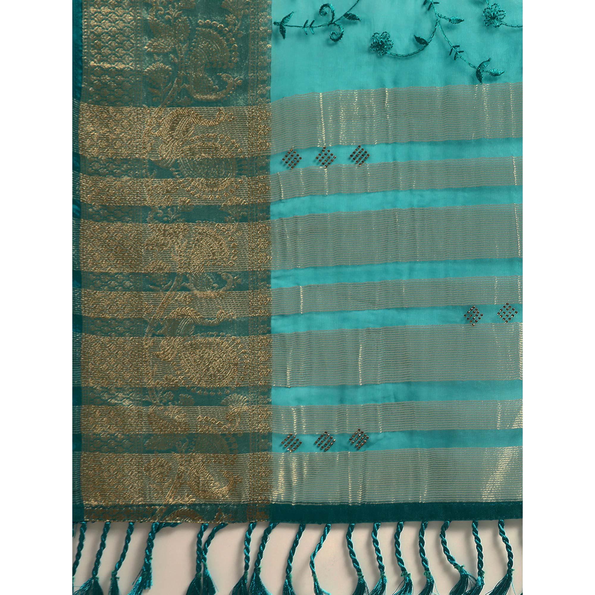 Blue Floral Embroidered Organza Saree