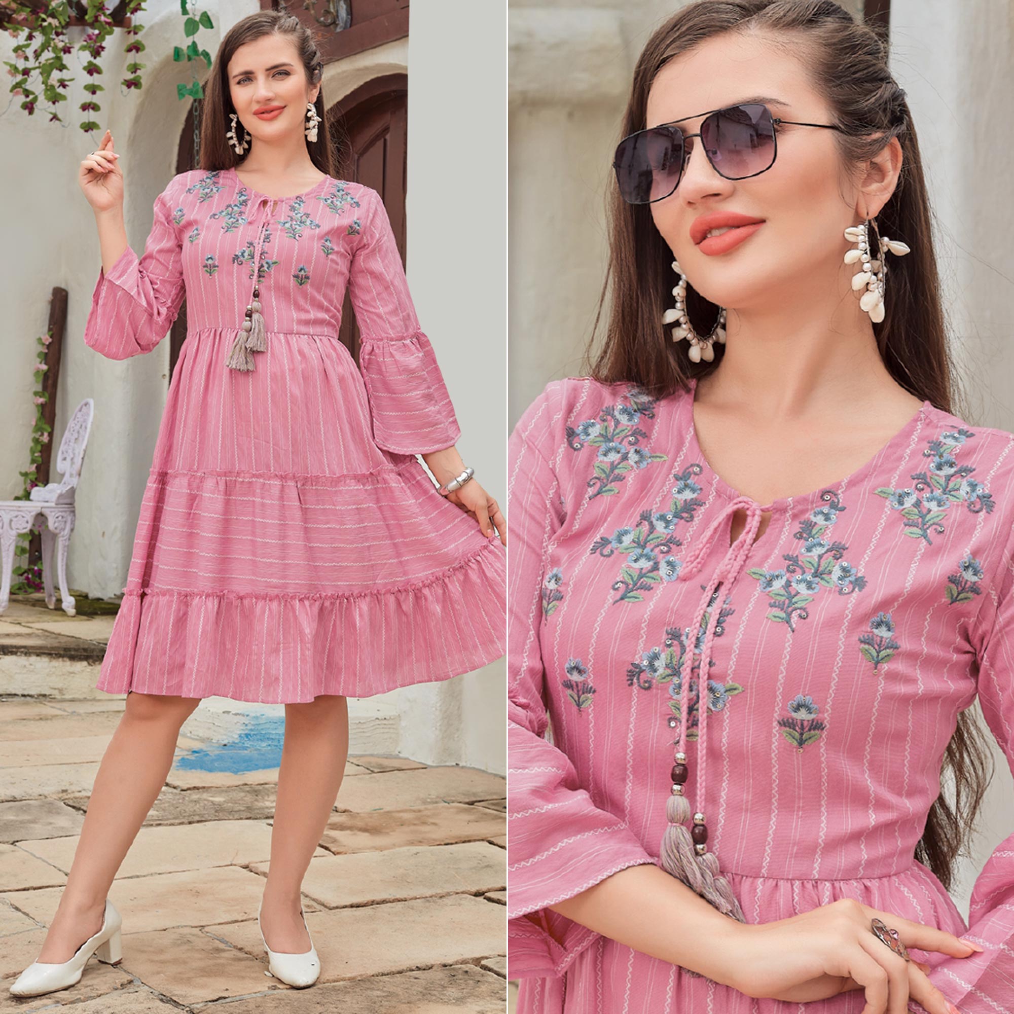 Pink Floral Embroidered Rayon Dress