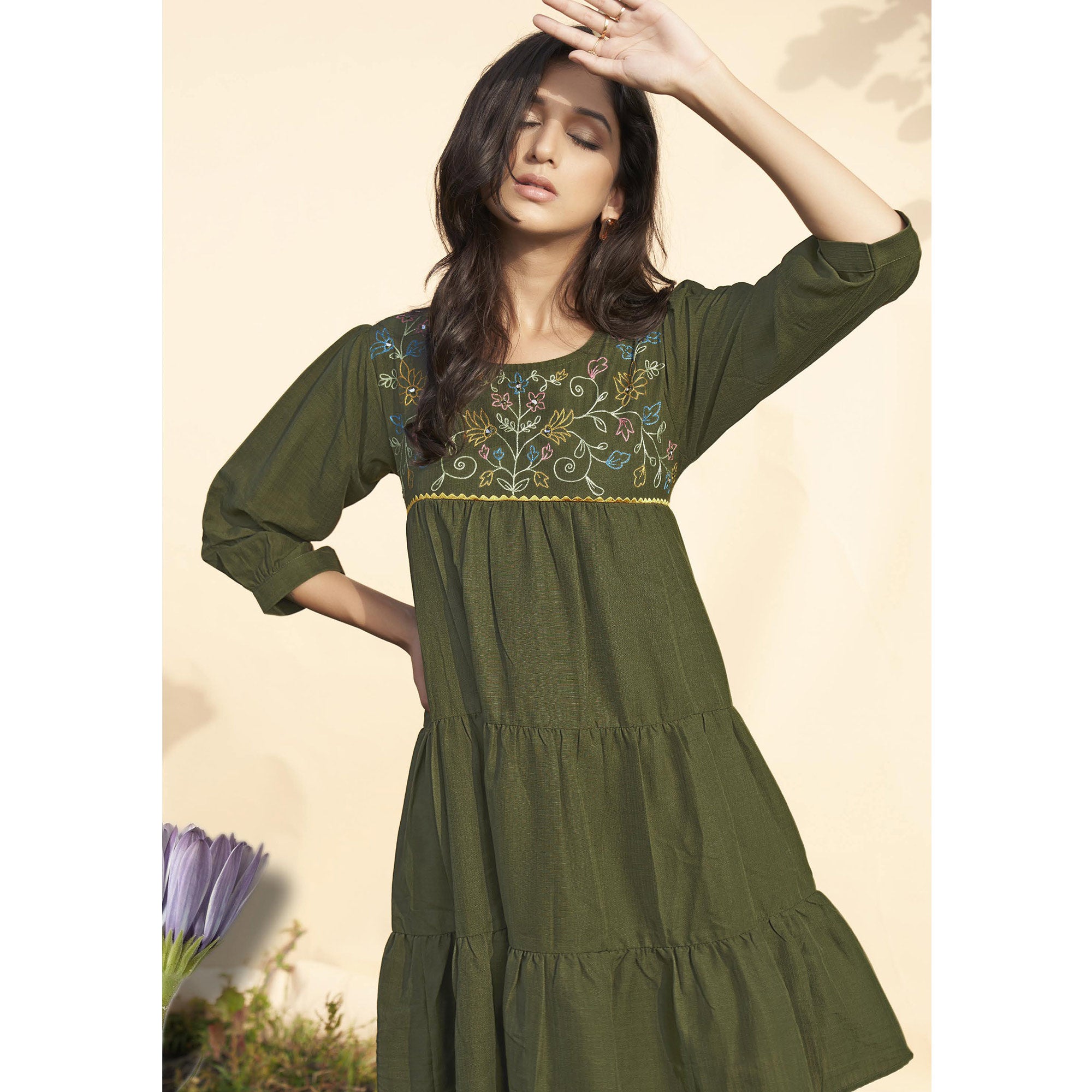Green Embroidered Rayon Short Dress