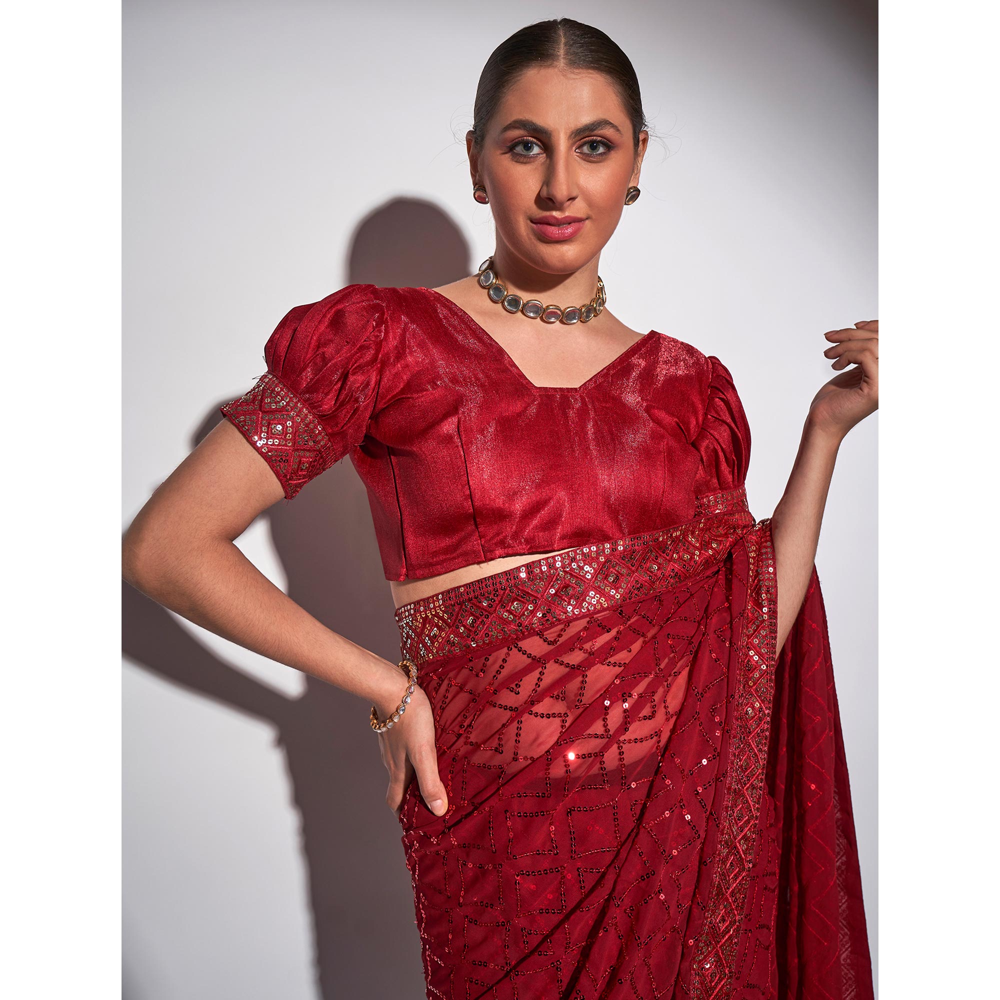 Red Sequins Embroidered Georgette Saree