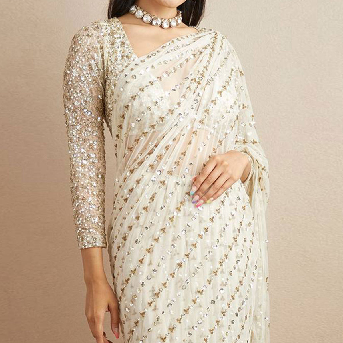 Offwhite Sequins Work Georgette Saree