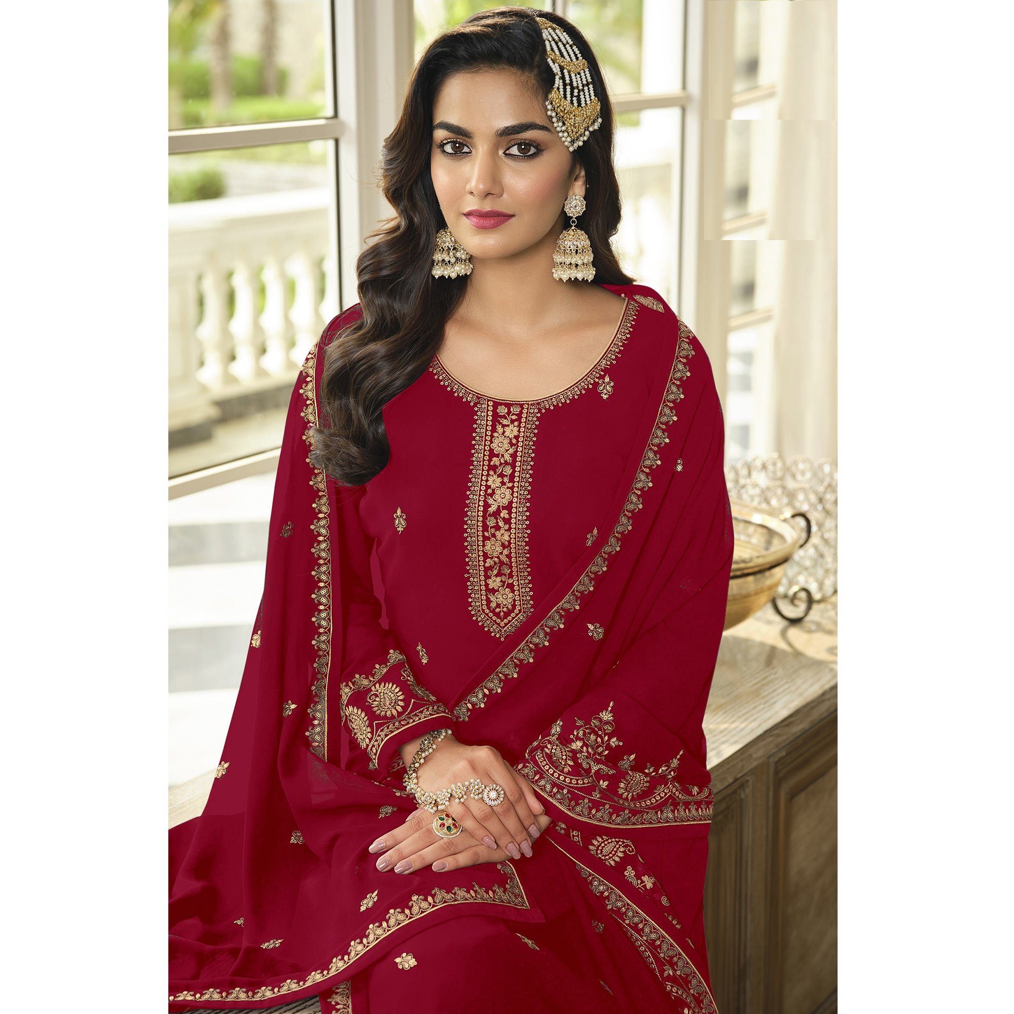Maroon Floral Embroidered Georgette Sharara Suit