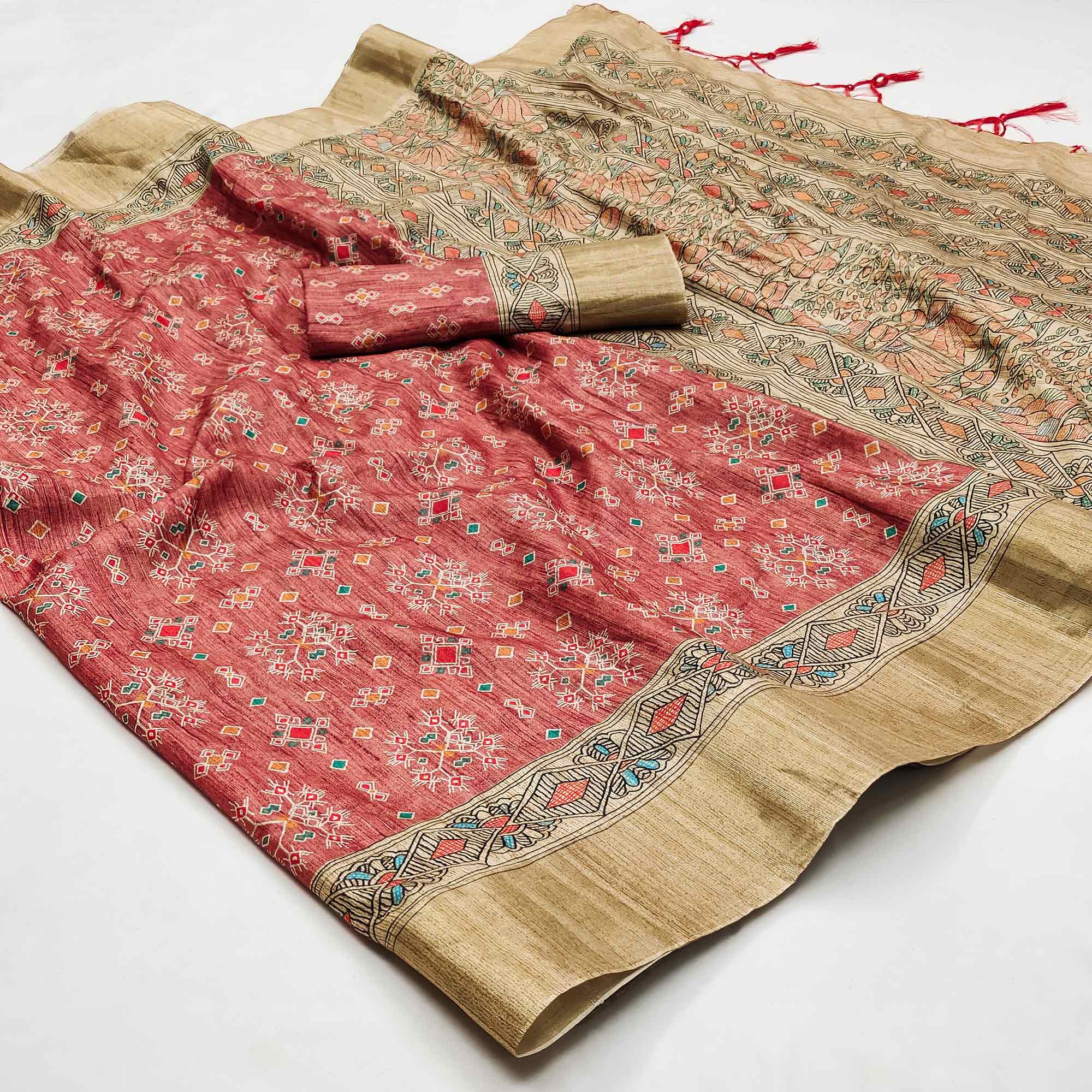 Peach Printed Matka Tussar Saree With Tassels