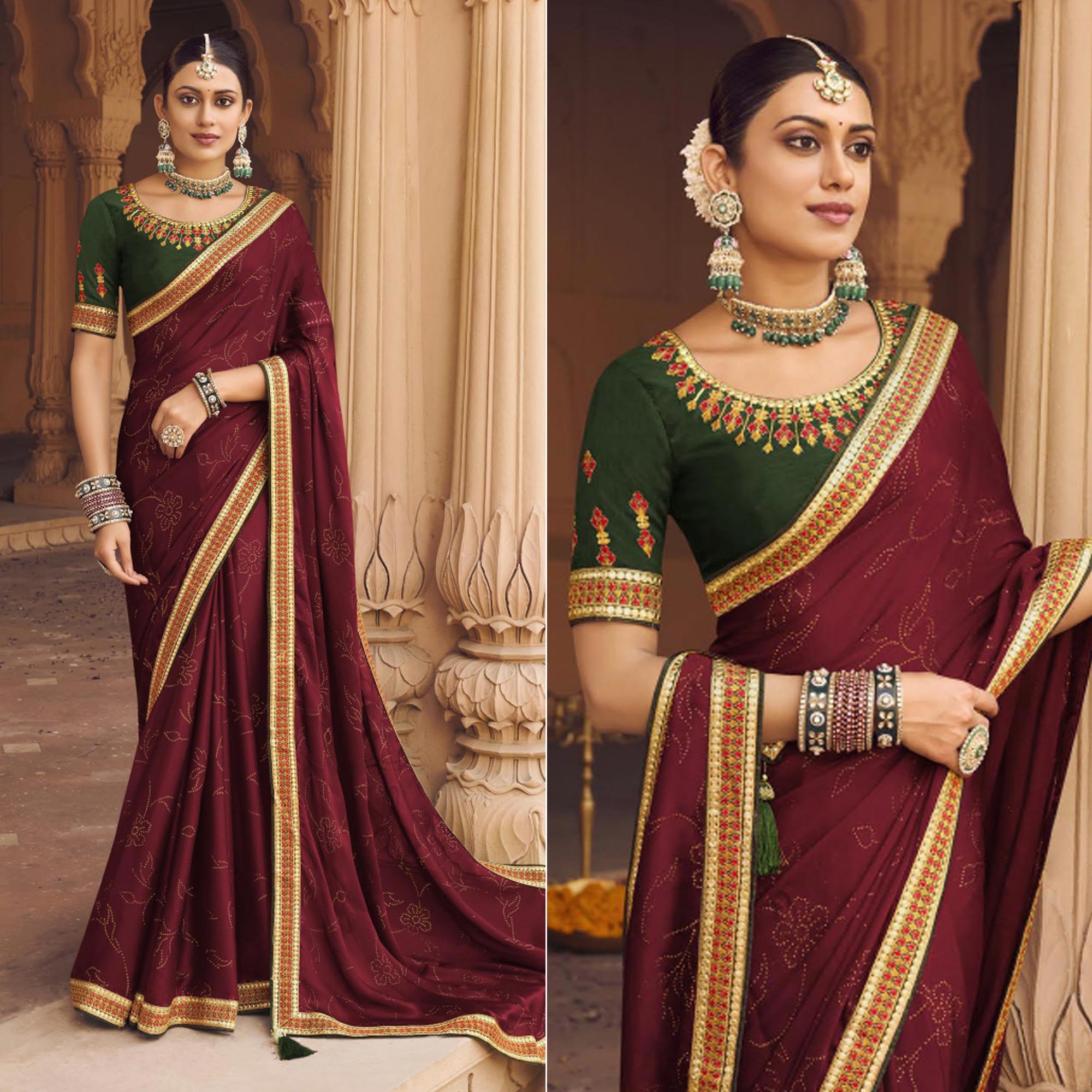 Maroon Embellished With Embroidered Border Satin Saree