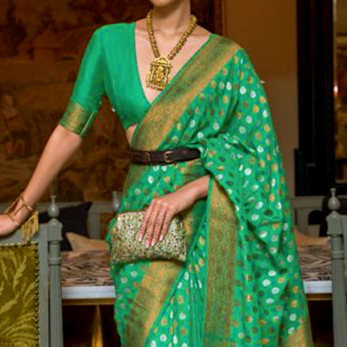 Green Woven Khadi Silk Saree With Tassels