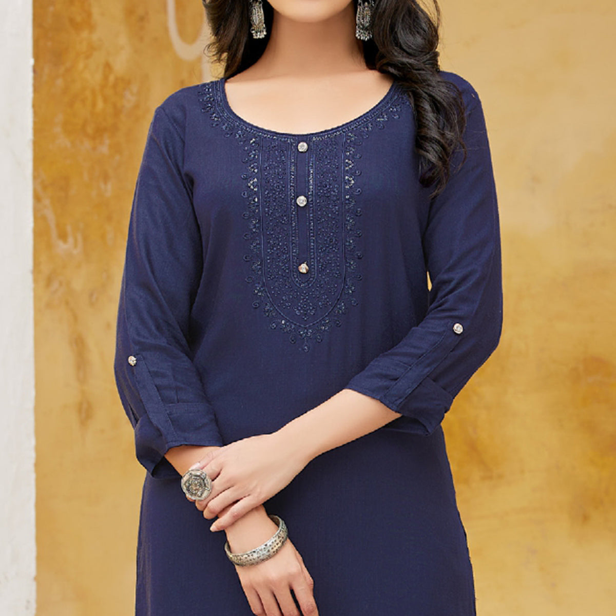 Navy Blue Embroidered Rayon Kurti