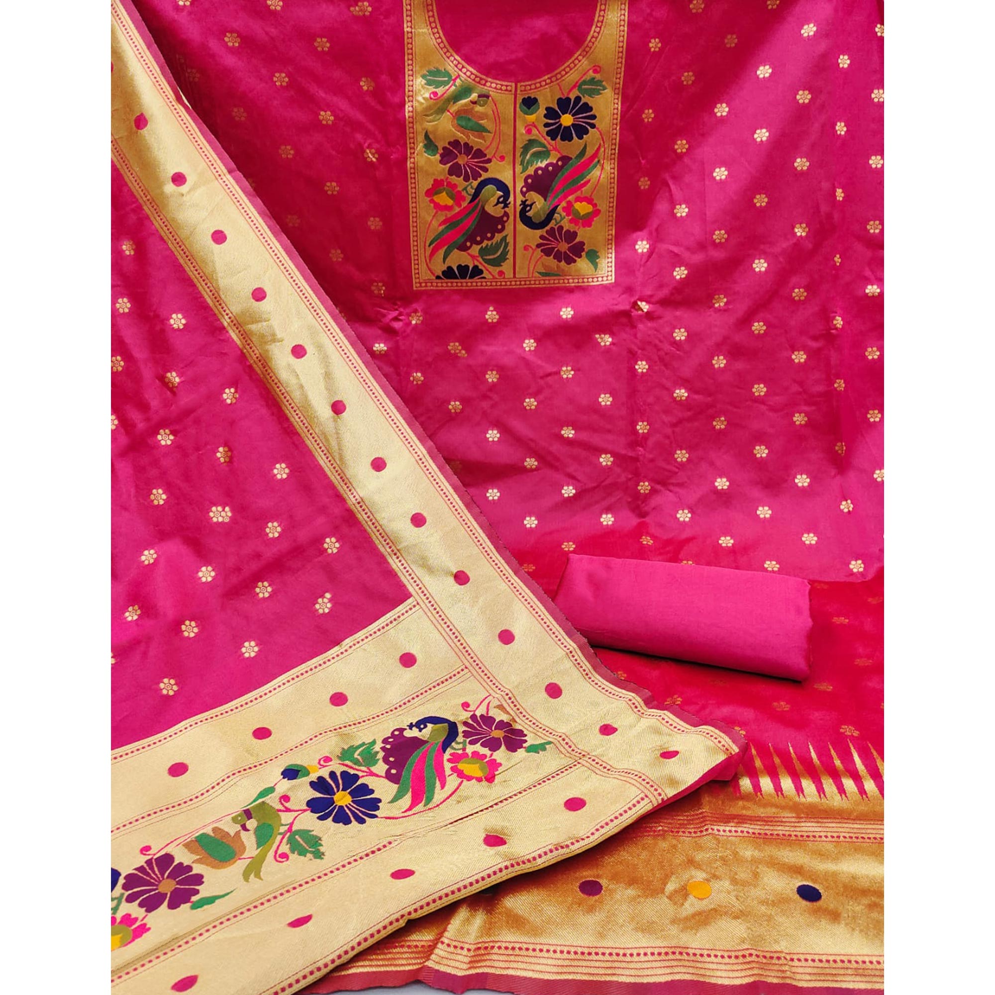 Rani Pink Woven Banarasi Silk Paithani Dress Material