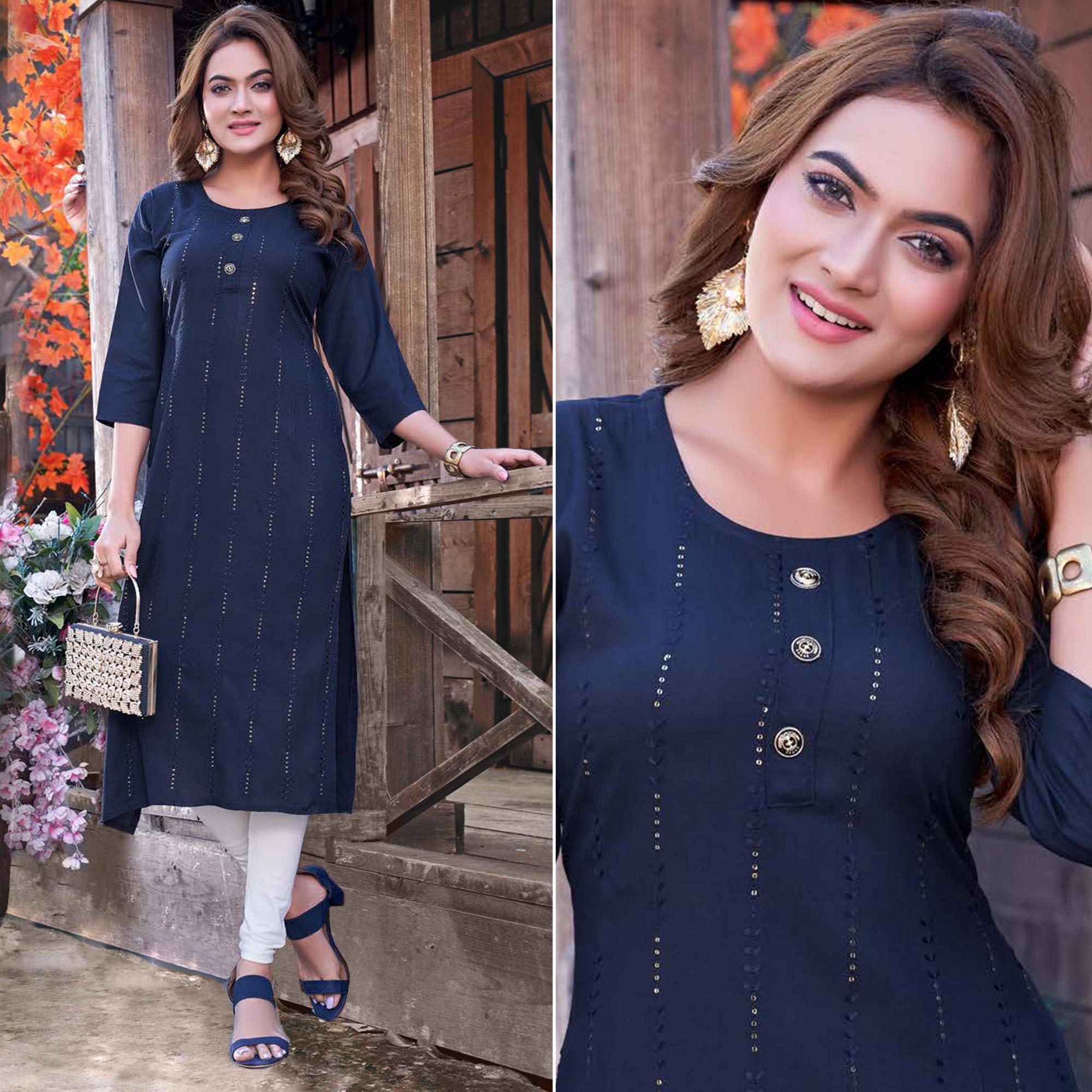 Navy Blue Sequins Embroidered Rayon Kurti