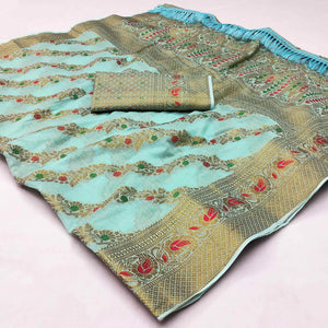 Blue Woven Cotton Blend Saree With Tassels