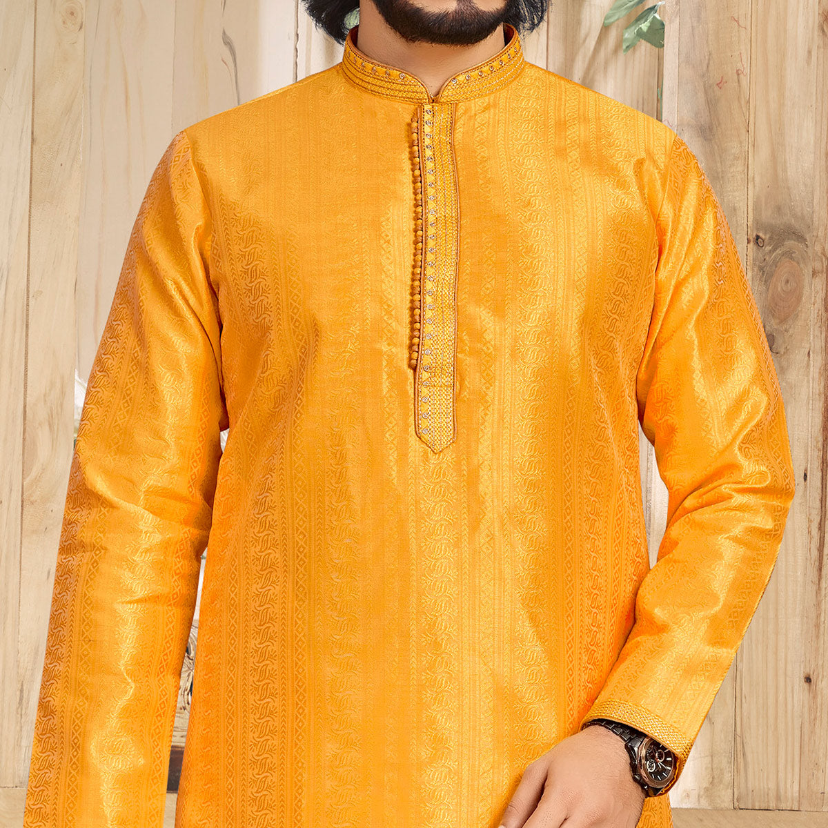 Orange Woven Jacquard Kurta Pyjama Set