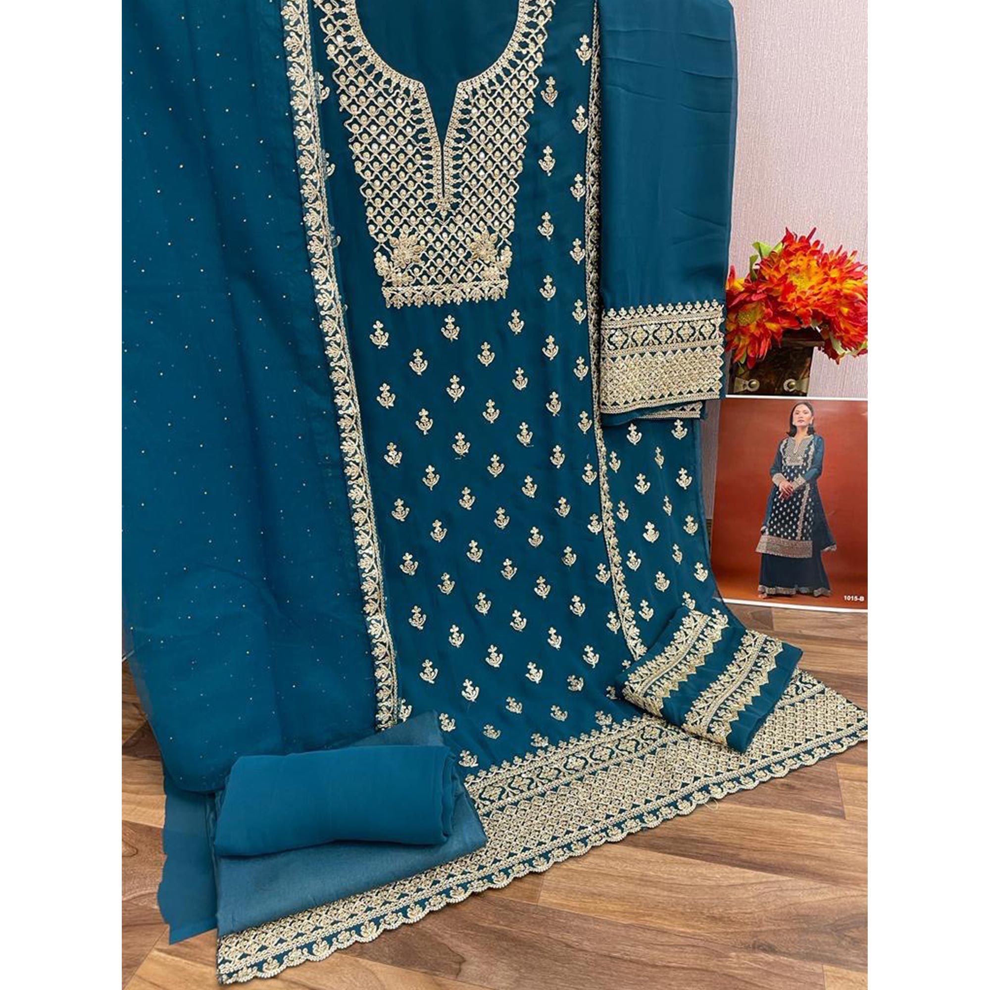 Blue Sequins Embroidered Georgette Palazzo Suit