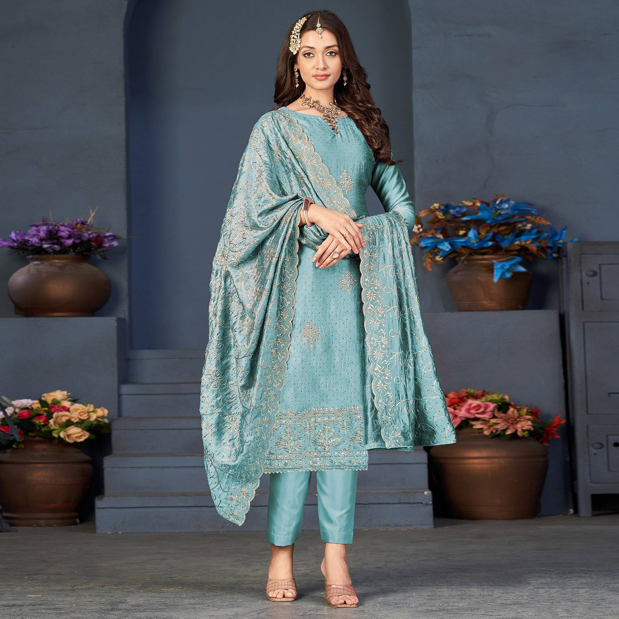 Sky Blue Sequins Embroidered Vichitra Silk Suit