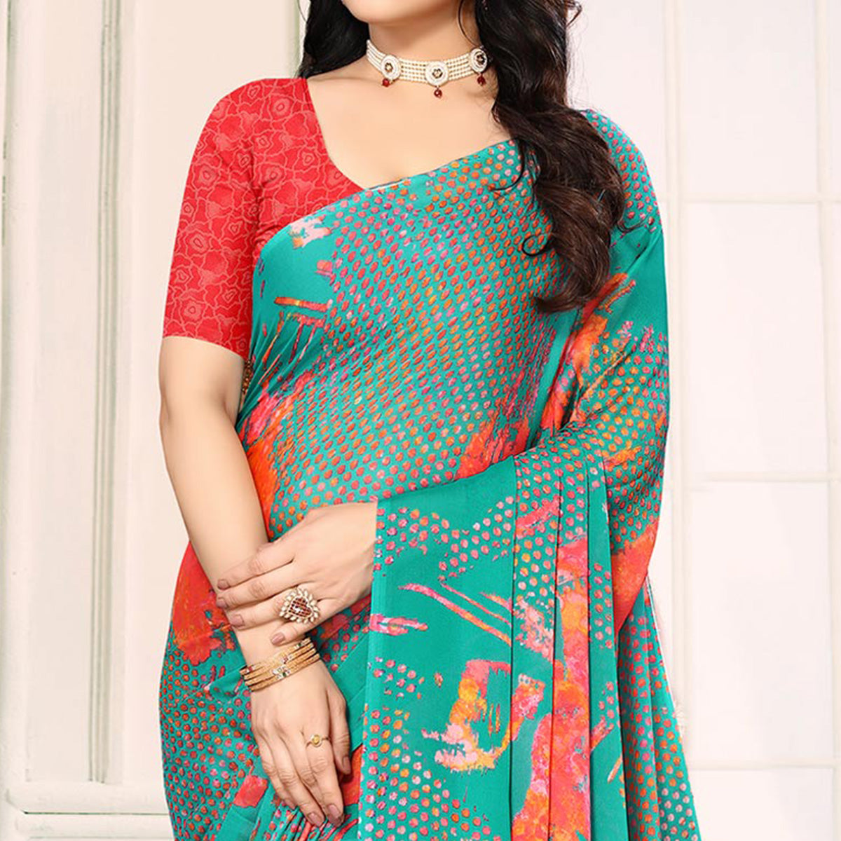 Turquoise Printed Georgette Saree