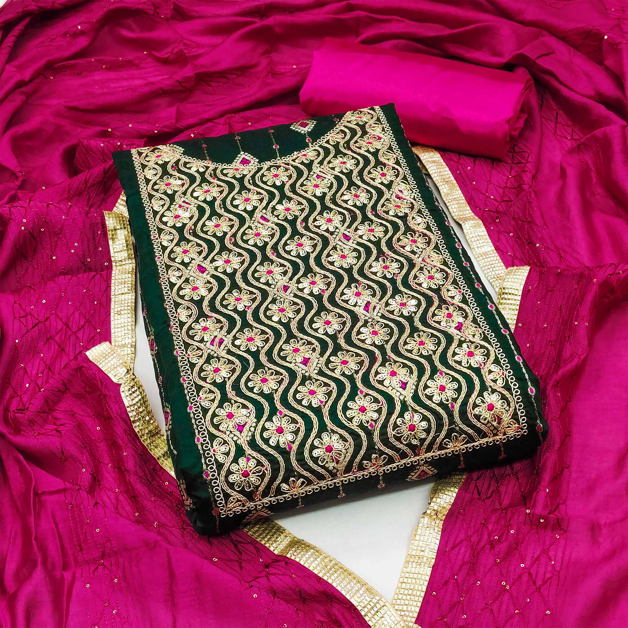 Green Woven With Embroidered Modal Dress Material