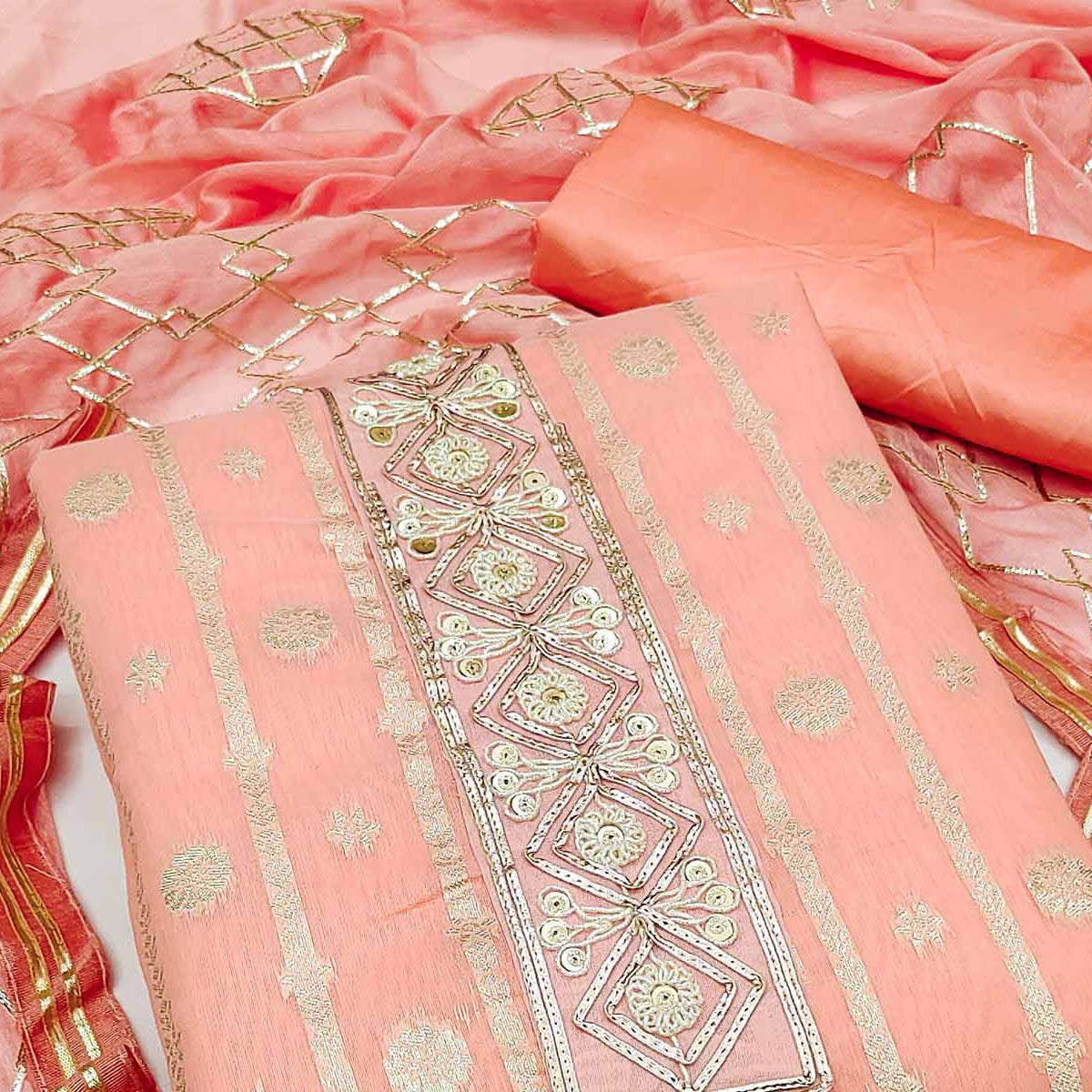 Peach Floral Woven Banarasi Silk Dress Material