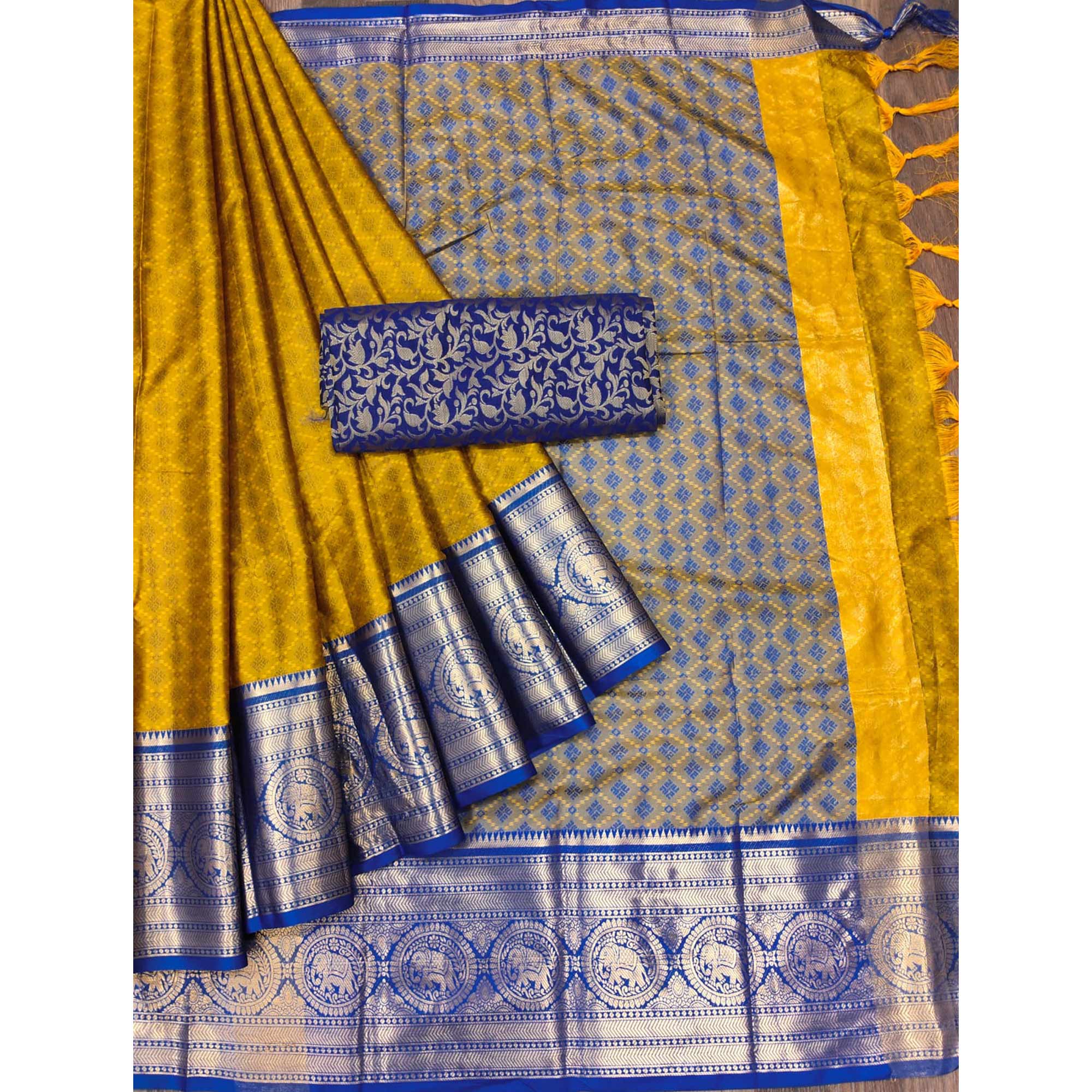 Golden Blue Woven Cotton Silk Saree With Tassels