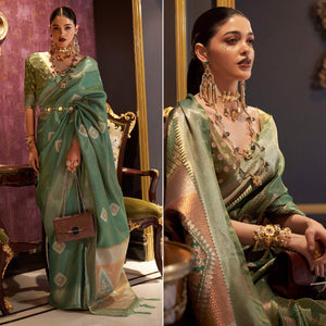 Green Woven Art Silk Saree With Tassels