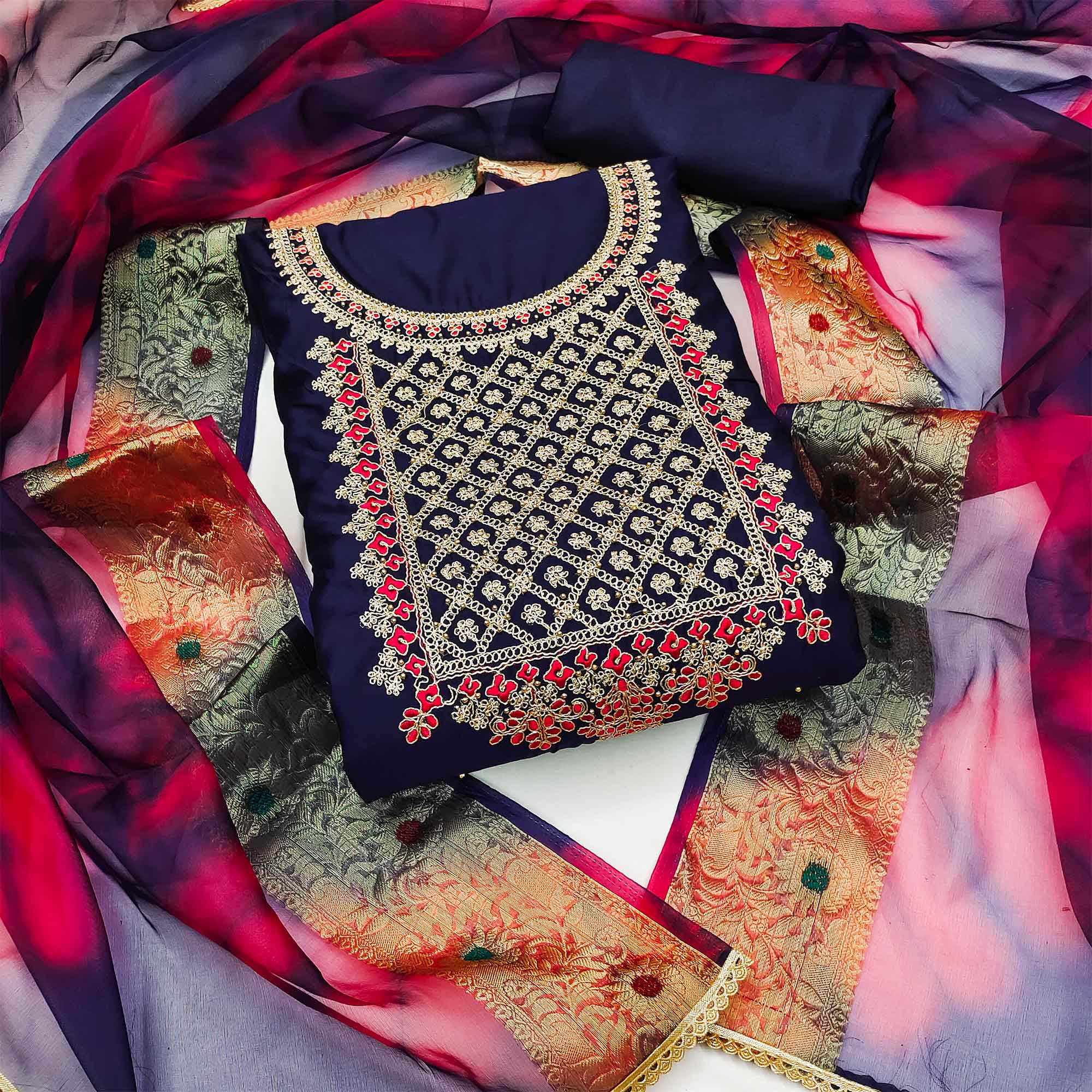 Navy Blue Embroidered Modal Dress Material