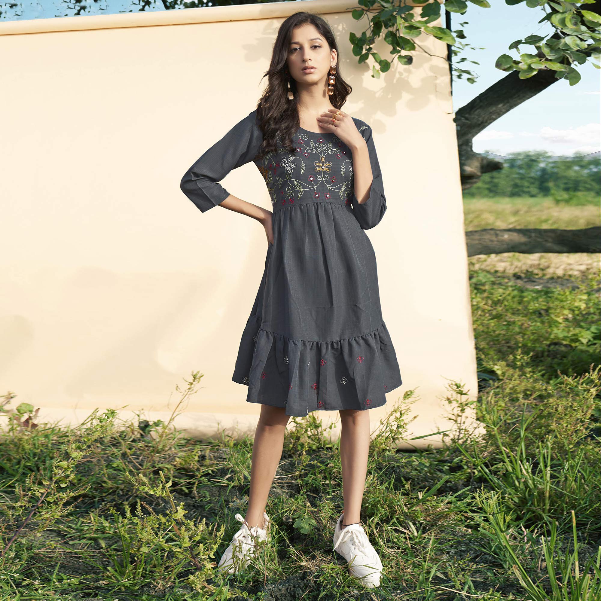 Grey Embroidered Rayon Short Dress